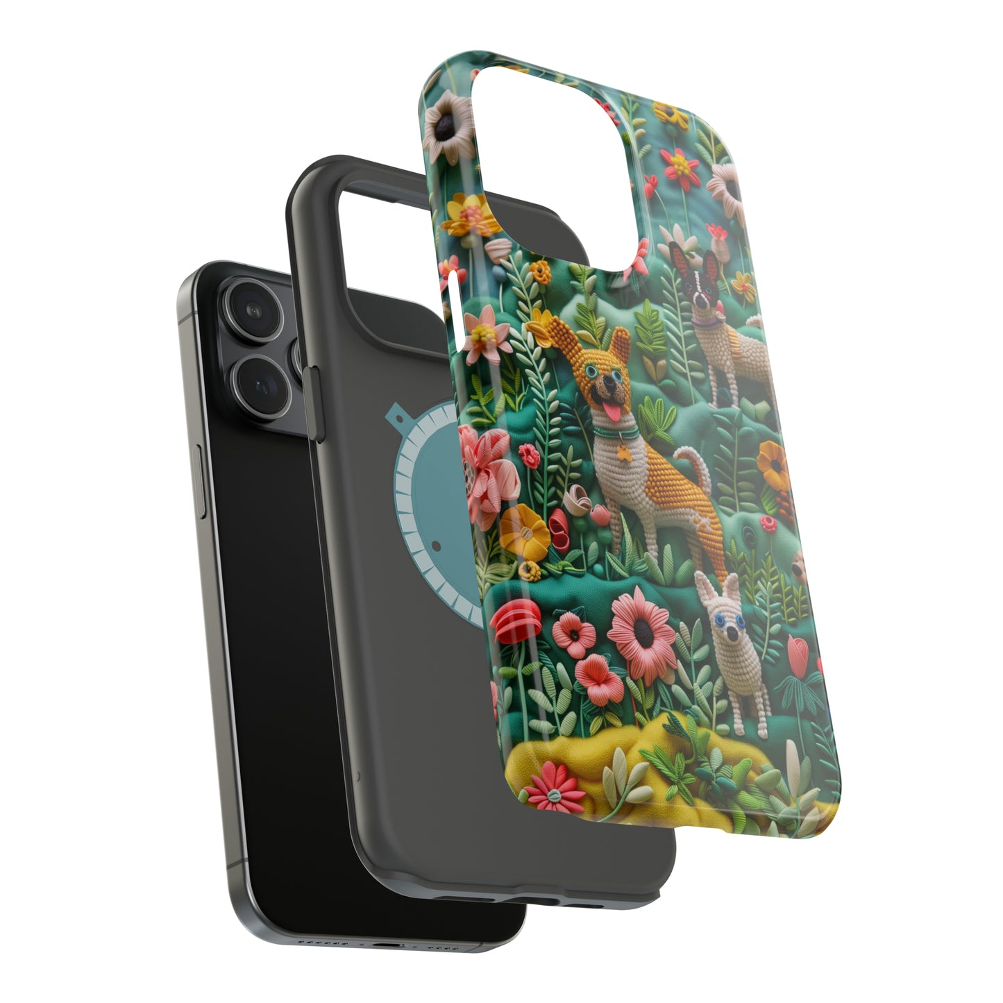 MagSafe Tough Case - Dogs and Flowers 3D Yarn and Thread Design Dog iPhone Case - Pets on Merch