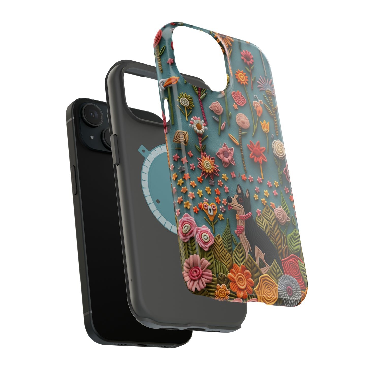 MagSafe Tough Case - Dog and Flowers 3D Embroidered Design Dog iPhone Case - Pets on Merch