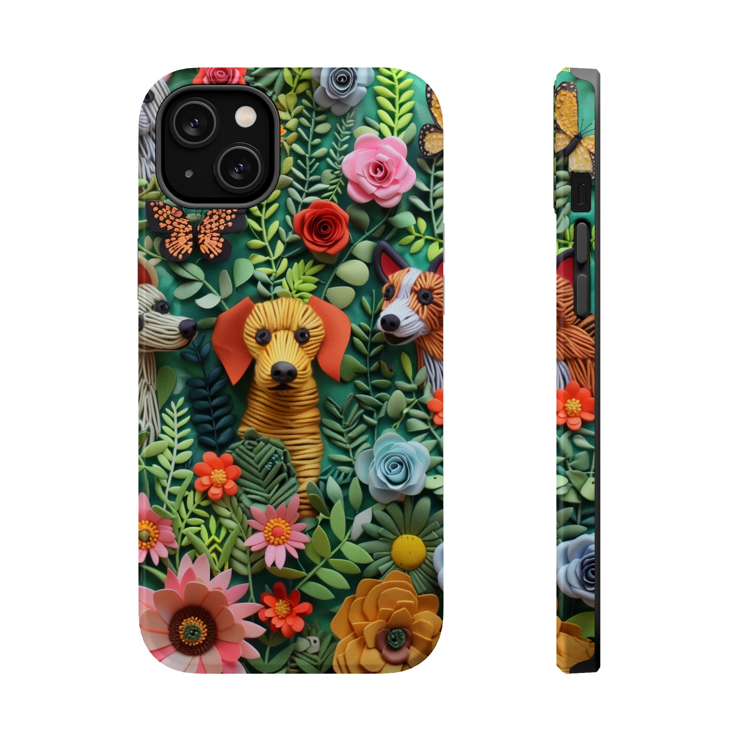 MagSafe Tough Case - Dogs and Flowers Embroidered Fabric 3D Design Dog iPhone Case - Pets on Merch
