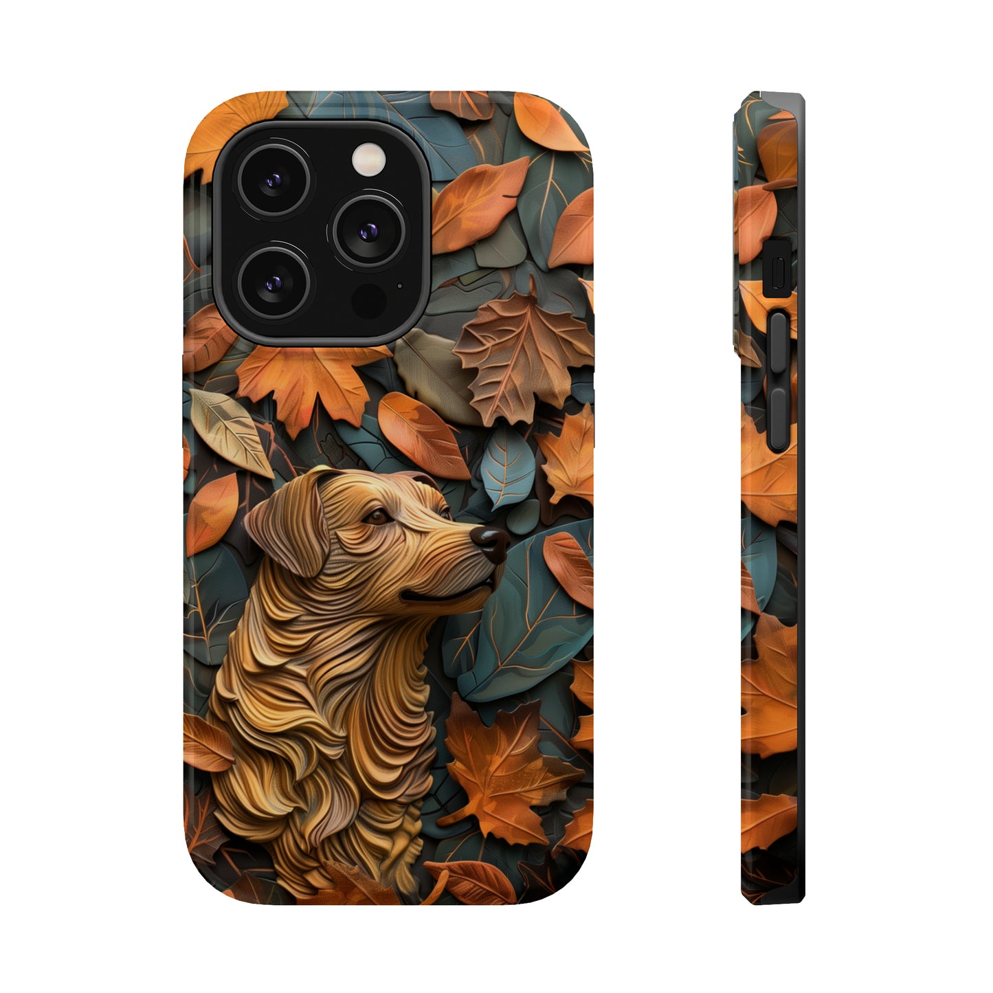 MagSafe Tough Case - Dog and Autumn Leaves Wood Carving Design Dog iPhone Case - Pets on Merch