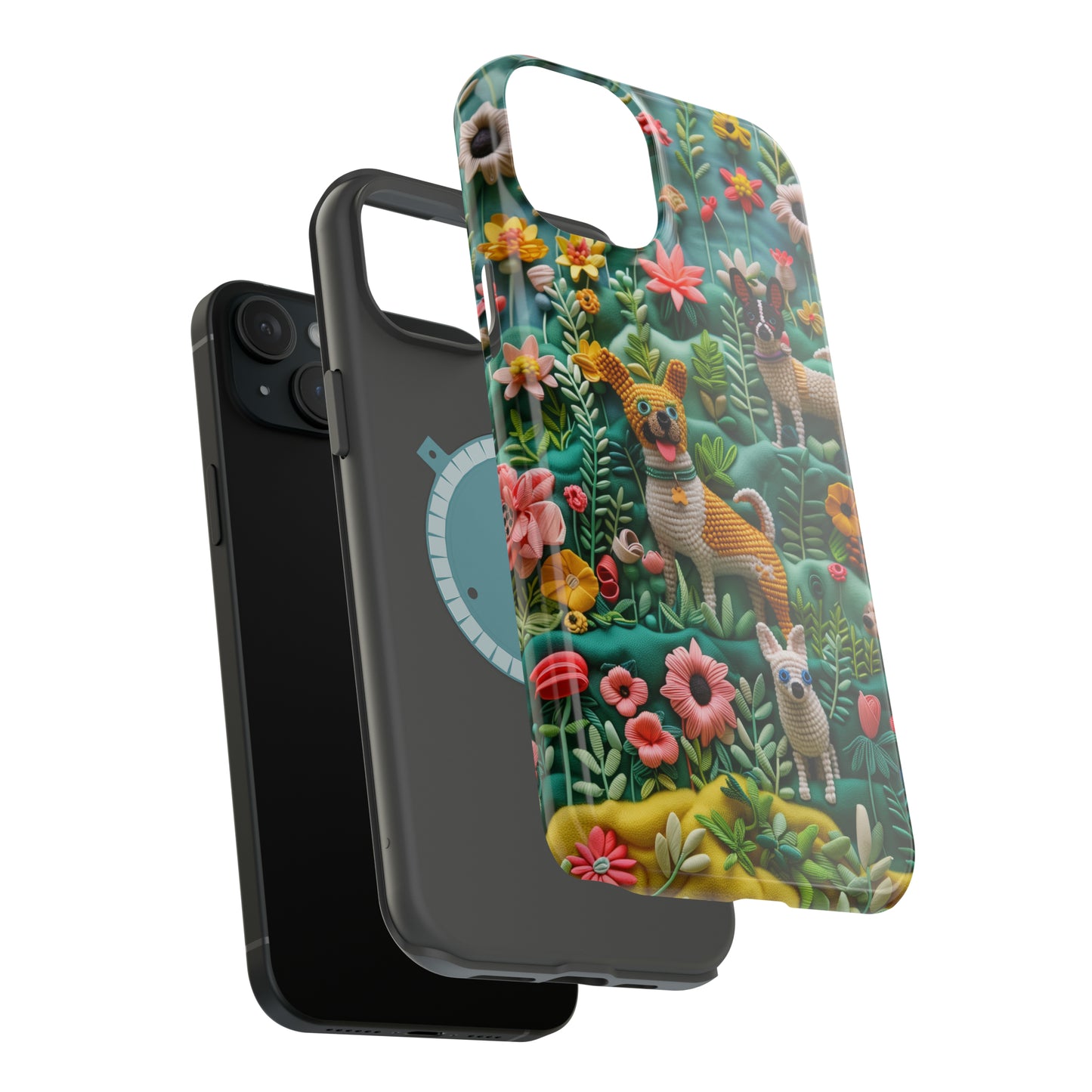 MagSafe Tough Case - Dogs and Flowers 3D Yarn and Thread Design Dog iPhone Case - Pets on Merch