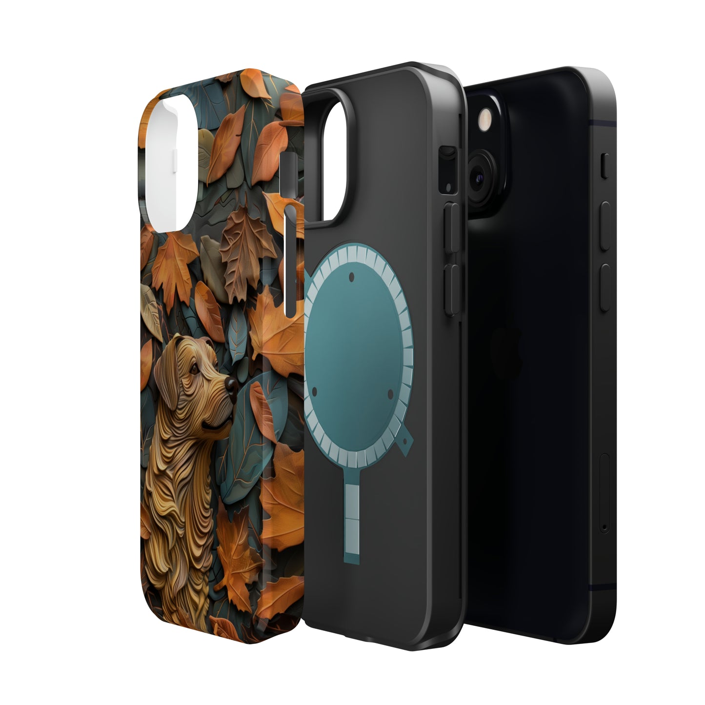 MagSafe Tough Case - Dog and Autumn Leaves Wood Carving Design Dog iPhone Case - Pets on Merch