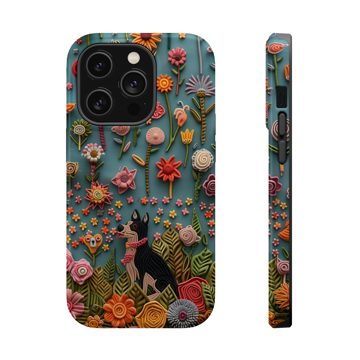 MagSafe Tough Case - Dog and Flowers 3D Embroidered Design Dog iPhone Case - Pets on Merch