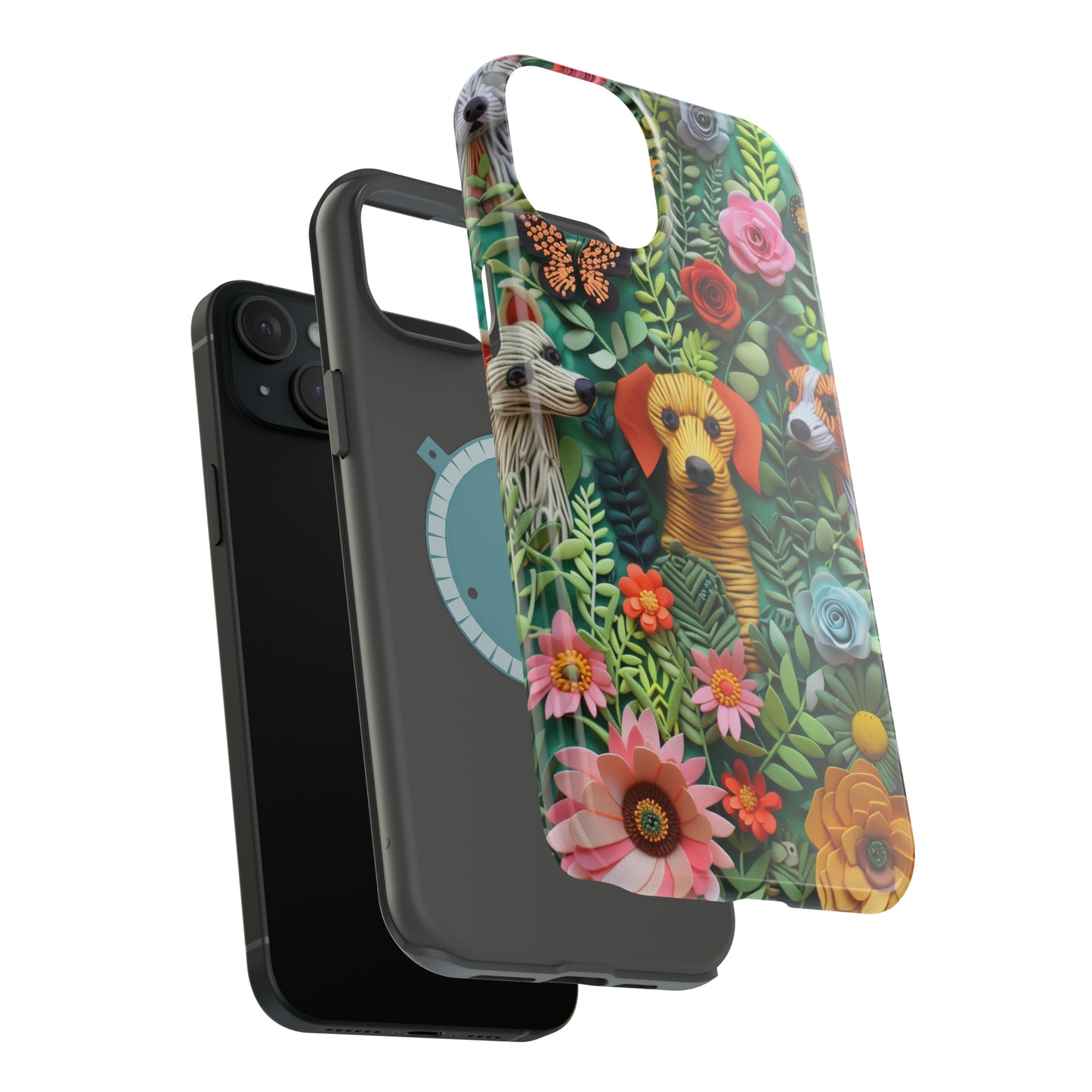 MagSafe Tough Case - Dogs and Flowers Embroidered Fabric 3D Design Dog iPhone Case - Pets on Merch