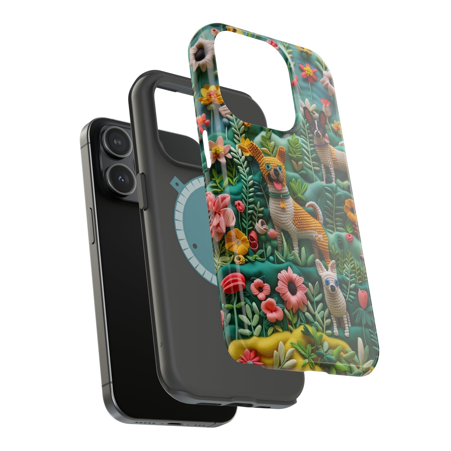 MagSafe Tough Case - Dogs and Flowers 3D Yarn and Thread Design Dog iPhone Case - Pets on Merch