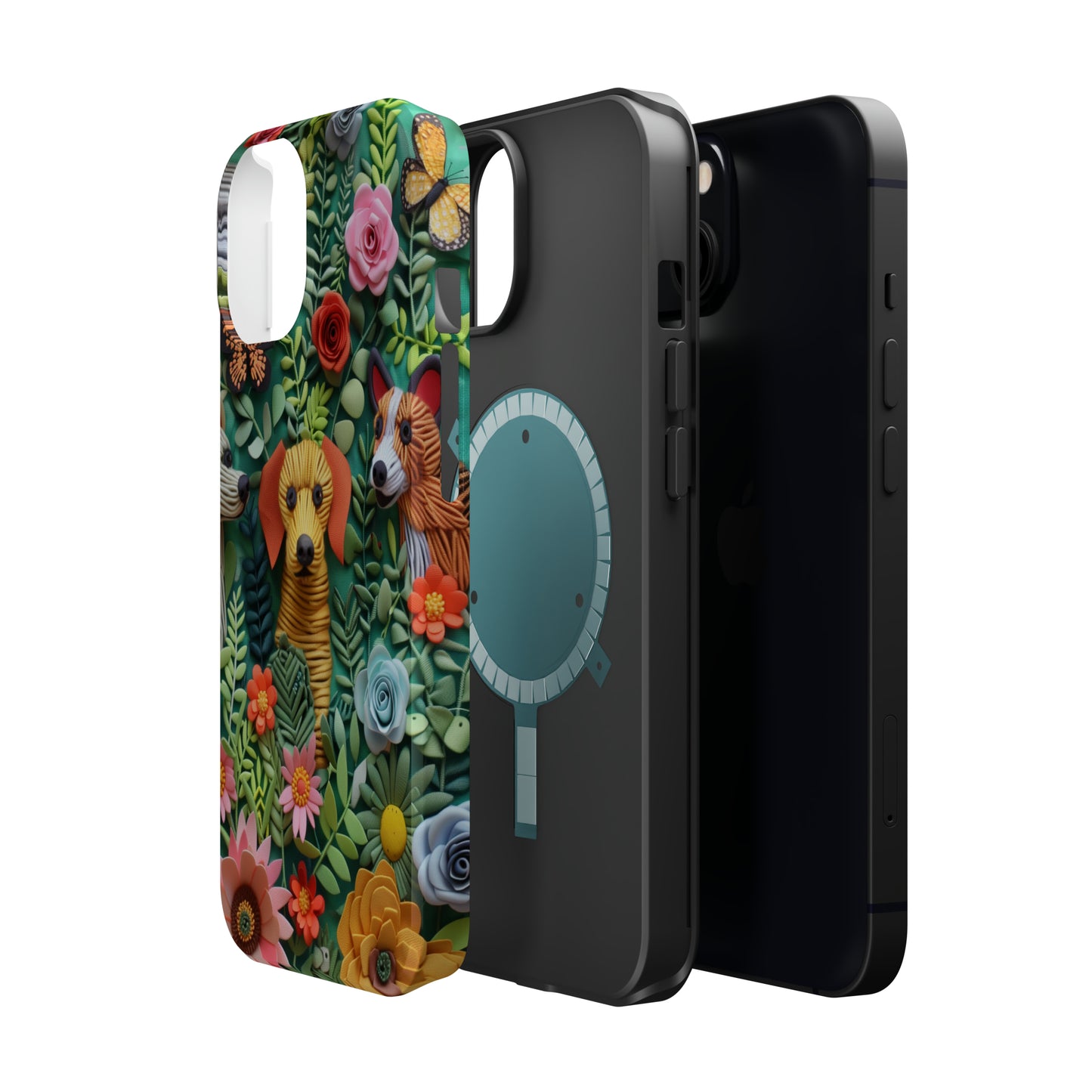 MagSafe Tough Case - Dogs and Flowers Embroidered Fabric 3D Design Dog iPhone Case - Pets on Merch