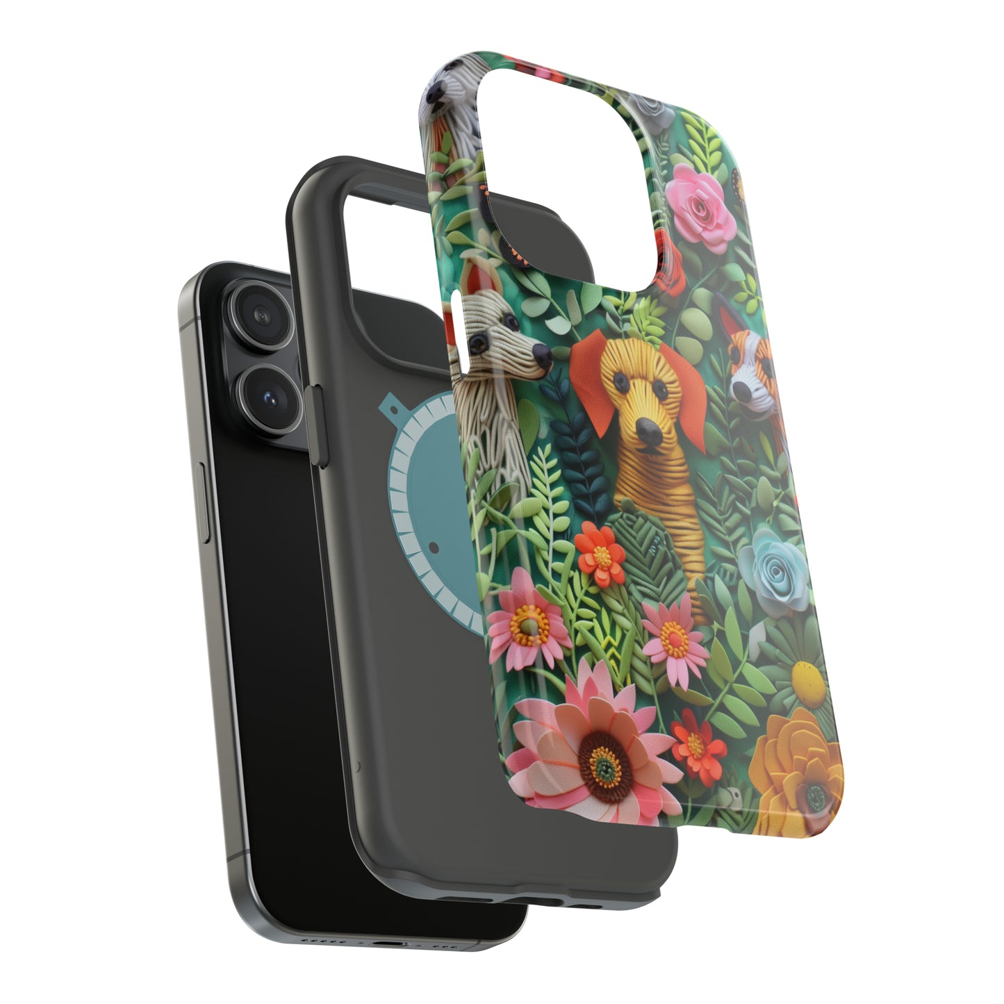 MagSafe Tough Case - Dogs and Flowers Embroidered Fabric 3D Design Dog iPhone Case - Pets on Merch