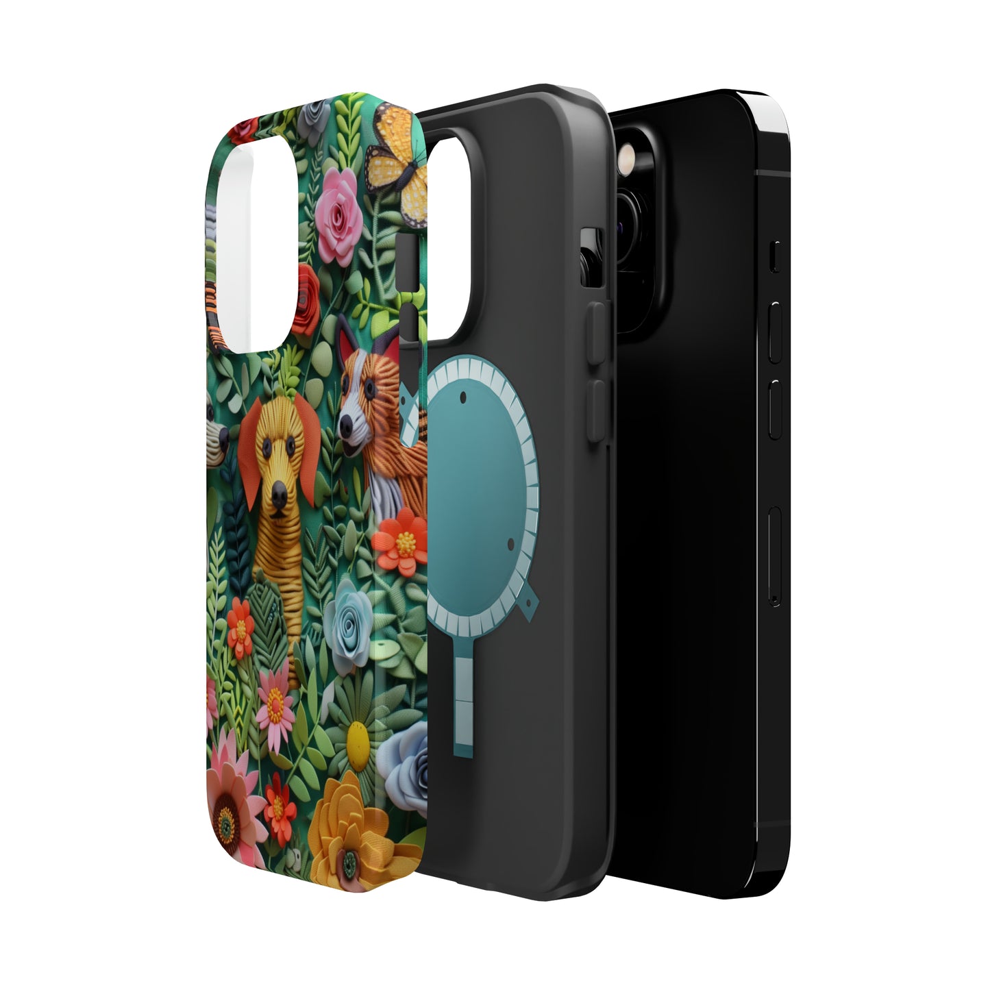 MagSafe Tough Case - Dogs and Flowers Embroidered Fabric 3D Design Dog iPhone Case - Pets on Merch