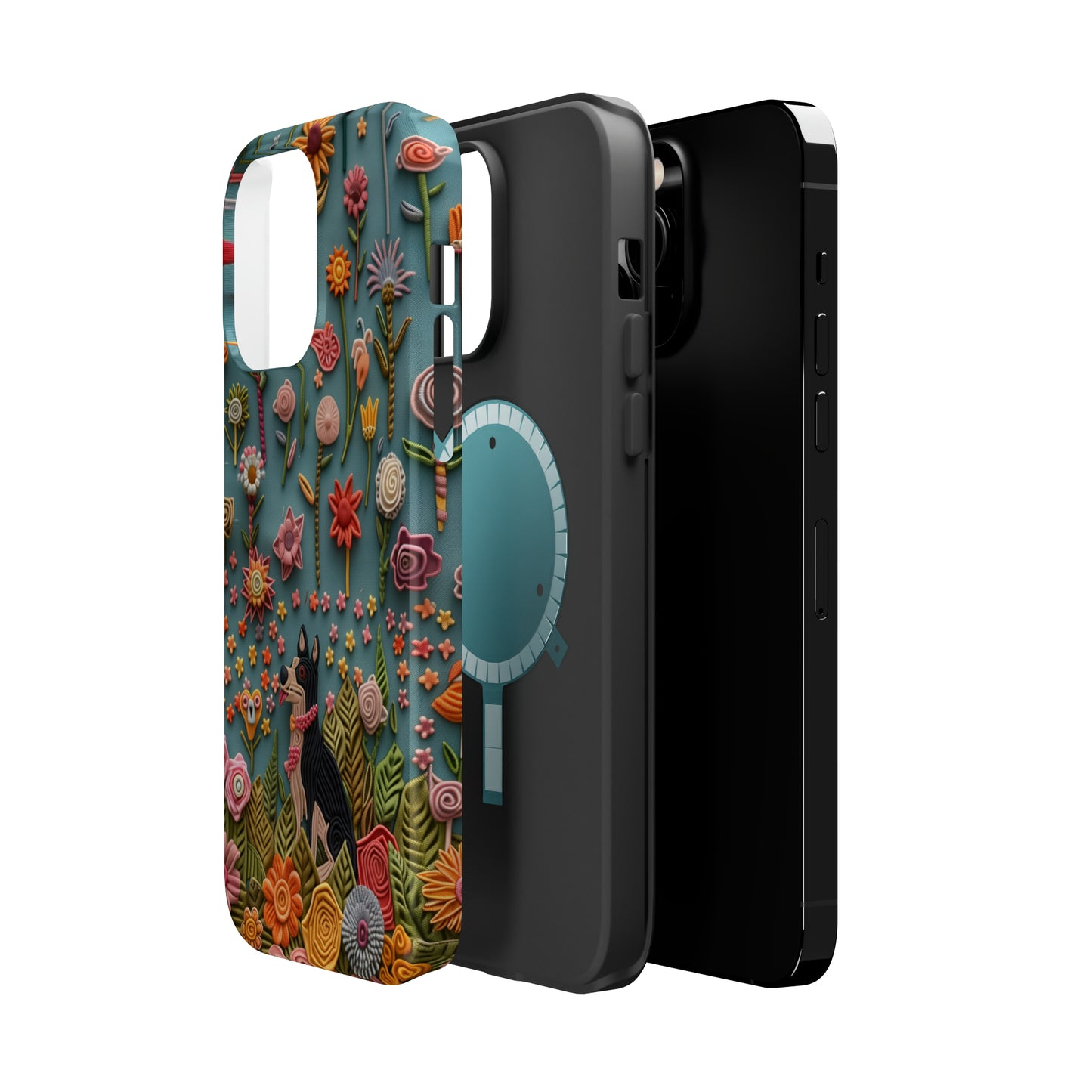 MagSafe Tough Case - Dog and Flowers 3D Embroidered Design Dog iPhone Case - Pets on Merch