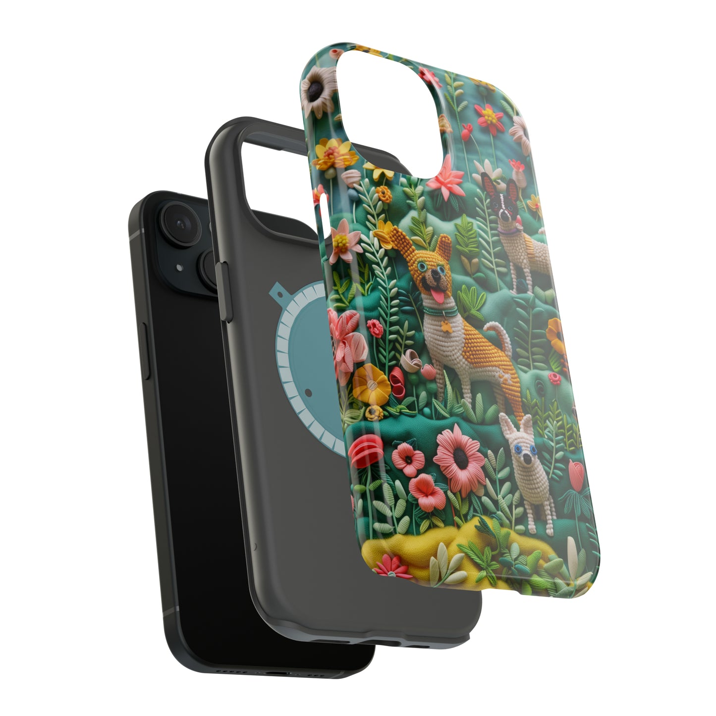 MagSafe Tough Case - Dogs and Flowers 3D Yarn and Thread Design Dog iPhone Case - Pets on Merch