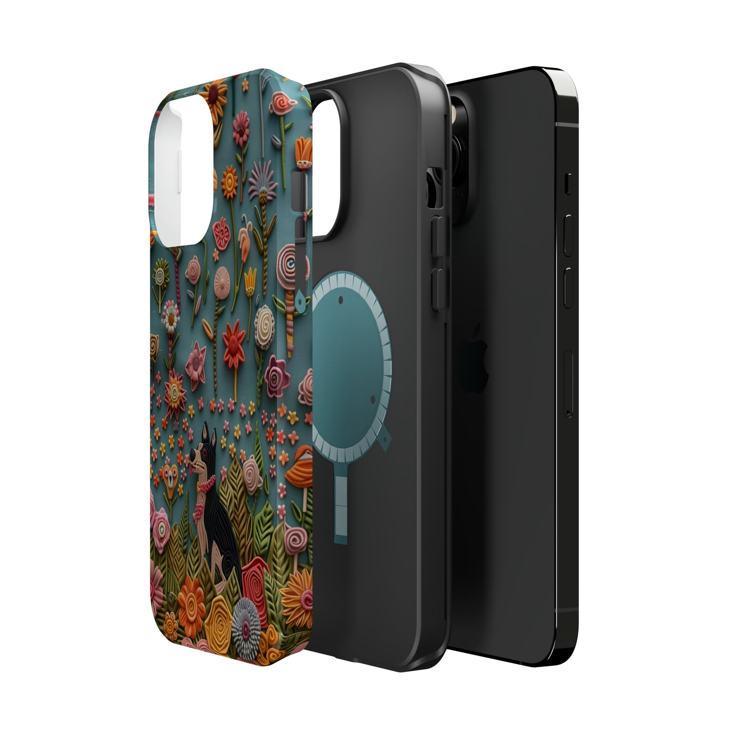 MagSafe Tough Case - Dog and Flowers 3D Embroidered Design Dog iPhone Case - Pets on Merch