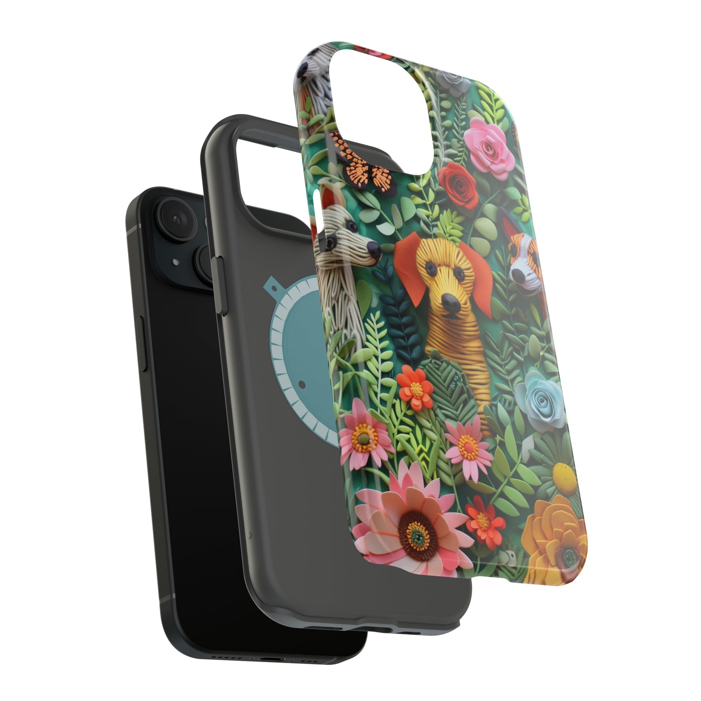 MagSafe Tough Case - Dogs and Flowers Embroidered Fabric 3D Design Dog iPhone Case - Pets on Merch