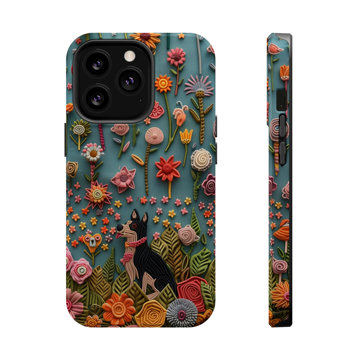 MagSafe Tough Case - Dog and Flowers 3D Embroidered Design Dog iPhone Case - Pets on Merch