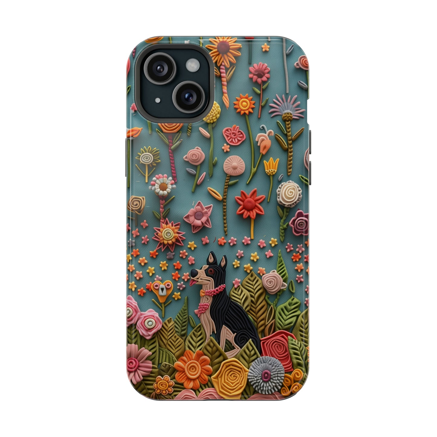 MagSafe Tough Case - Dog and Flowers 3D Embroidered Design Dog iPhone Case - Pets on Merch