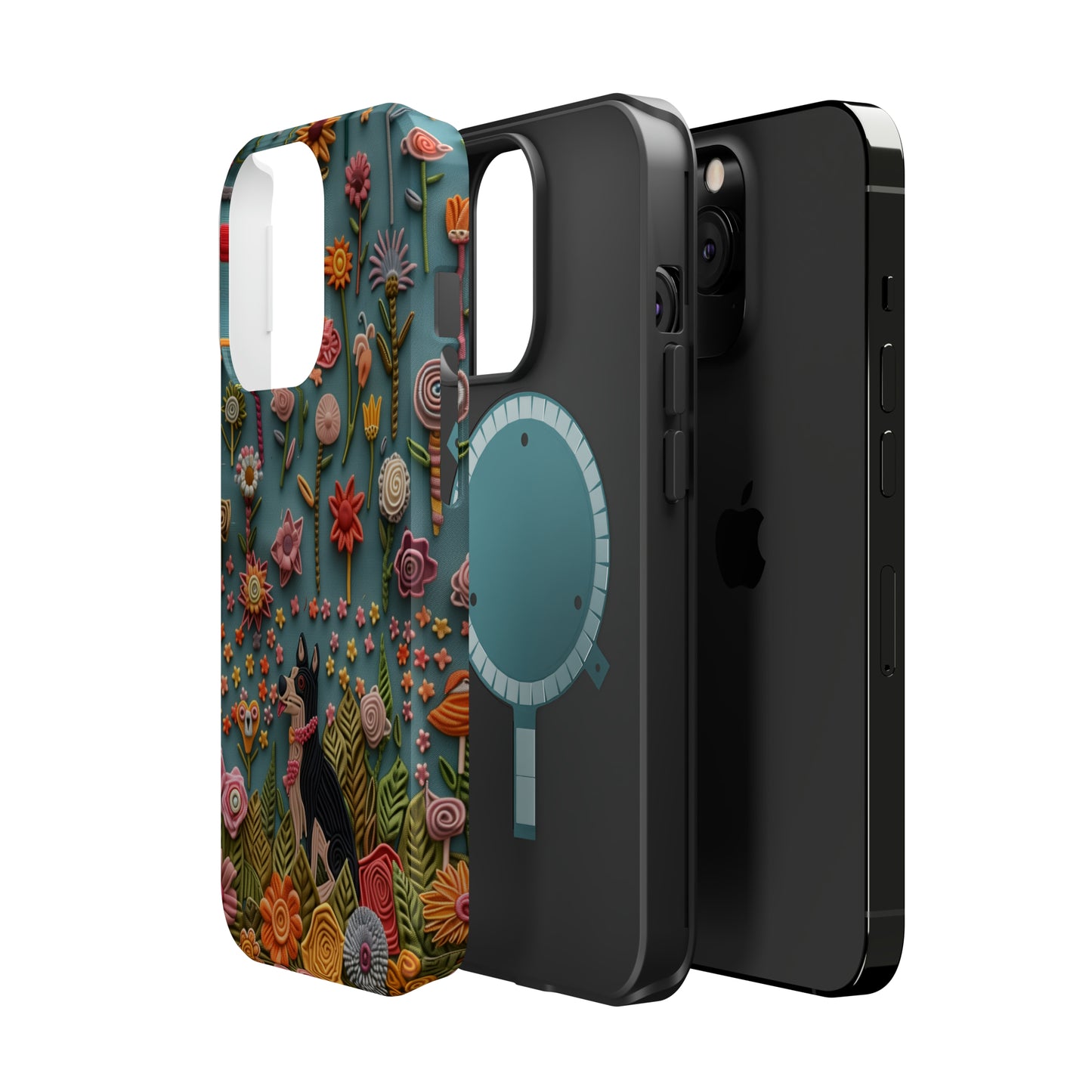 MagSafe Tough Case - Dog and Flowers 3D Embroidered Design Dog iPhone Case - Pets on Merch
