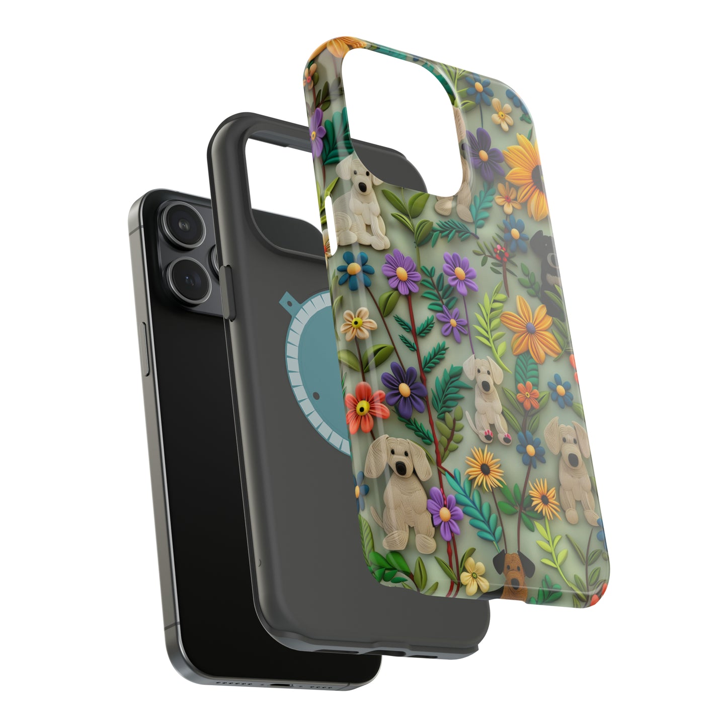 MagSafe Tough Case - Dogs and Flowers Colorful Yarn and Fabric Design Dog iPhone Case - Pets on Merch