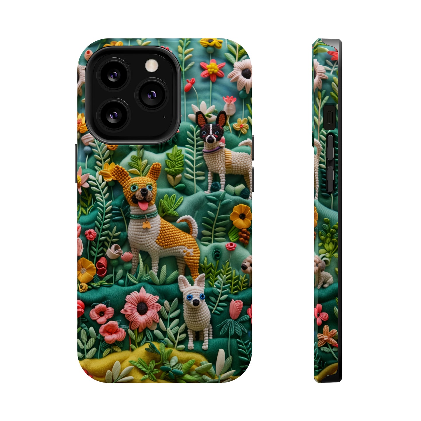 MagSafe Tough Case - Dogs and Flowers 3D Yarn and Thread Design Dog iPhone Case - Pets on Merch