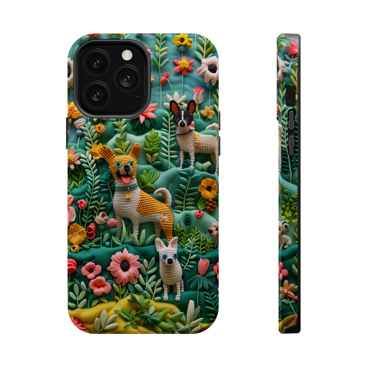 MagSafe Tough Case - Dogs and Flowers 3D Yarn and Thread Design Dog iPhone Case - Pets on Merch