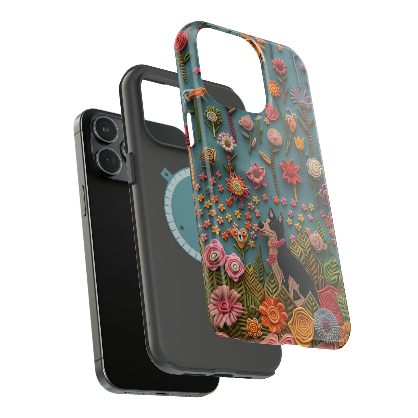 MagSafe Tough Case - Dog and Flowers 3D Embroidered Design Dog iPhone Case - Pets on Merch