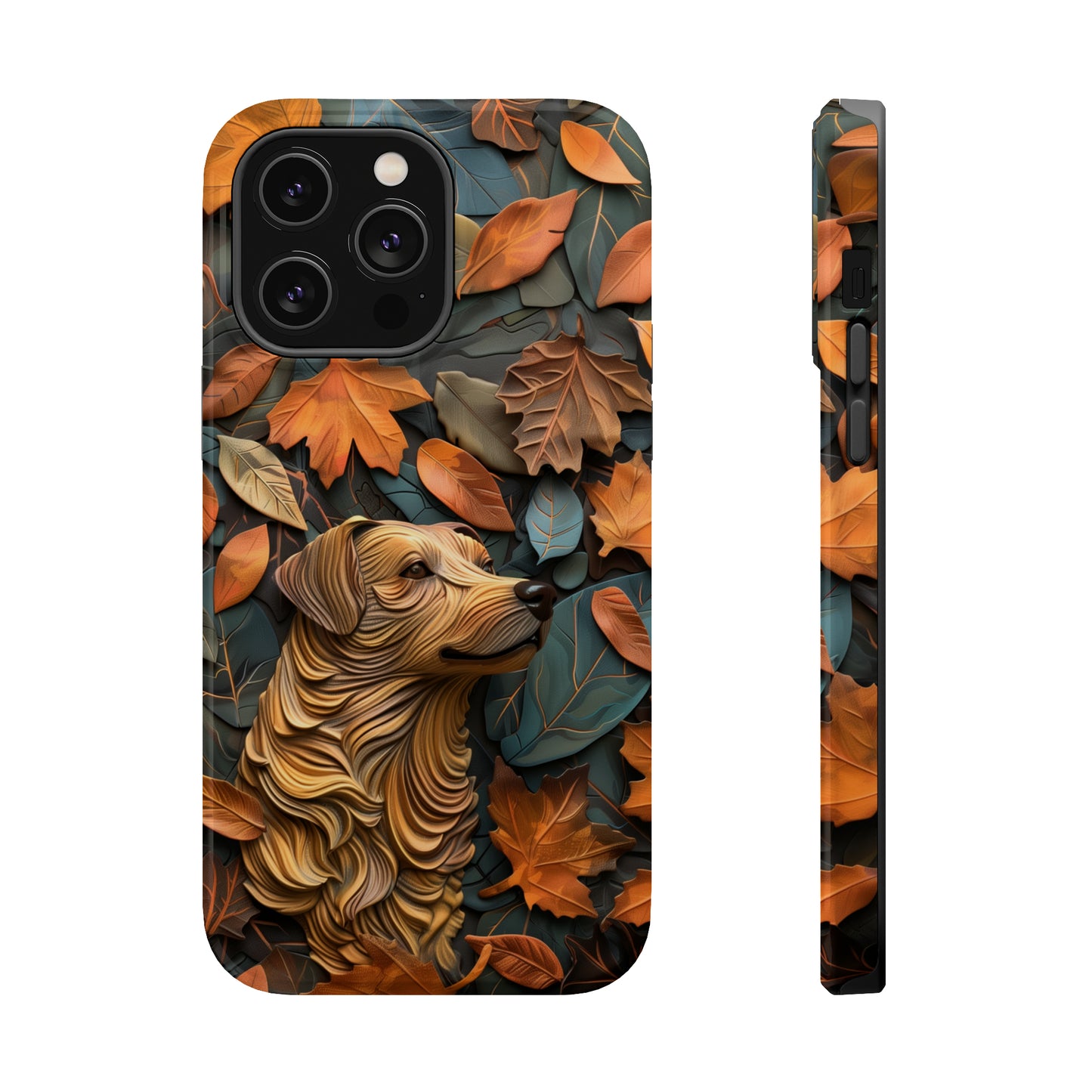 MagSafe Tough Case - Dog and Autumn Leaves Wood Carving Design Dog iPhone Case - Pets on Merch