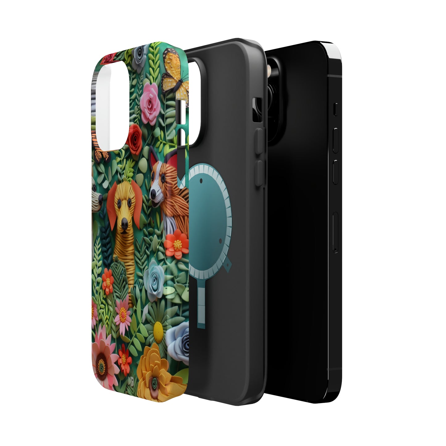 MagSafe Tough Case - Dogs and Flowers Embroidered Fabric 3D Design Dog iPhone Case - Pets on Merch