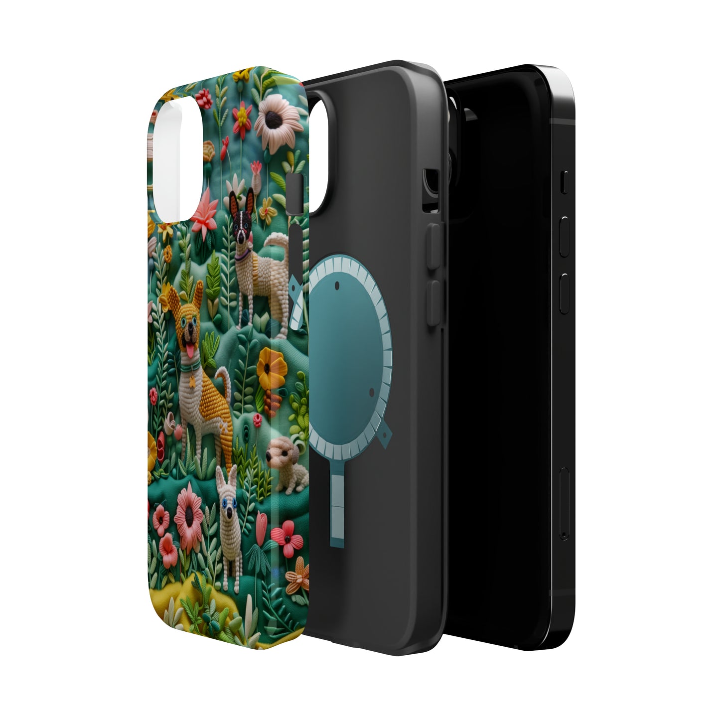 MagSafe Tough Case - Dogs and Flowers 3D Yarn and Thread Design Dog iPhone Case - Pets on Merch
