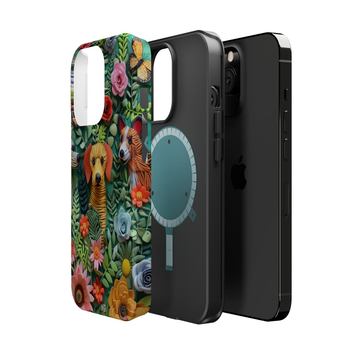 MagSafe Tough Case - Dogs and Flowers Embroidered Fabric 3D Design Dog iPhone Case - Pets on Merch