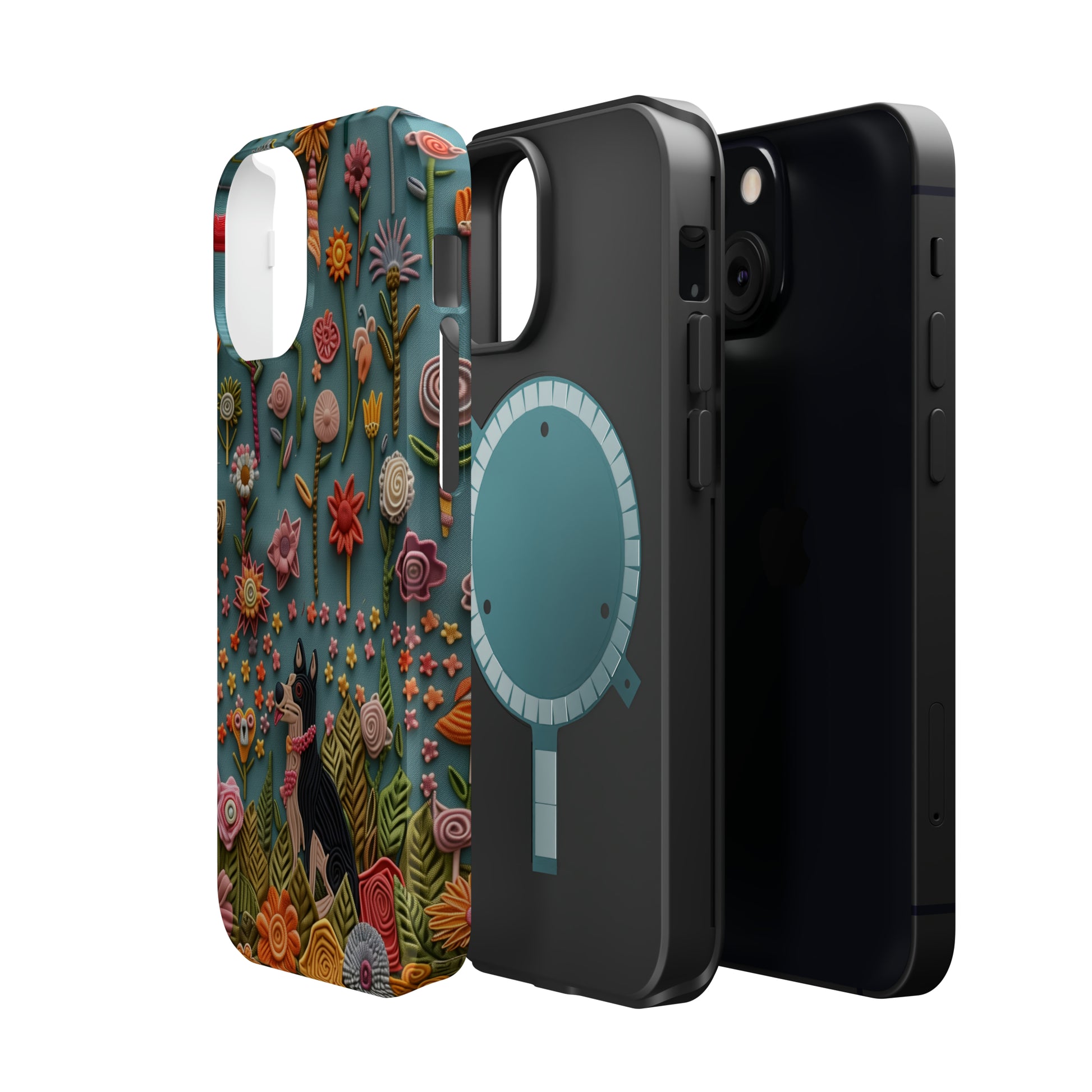 MagSafe Tough Case - Dog and Flowers 3D Embroidered Design Dog iPhone Case - Pets on Merch