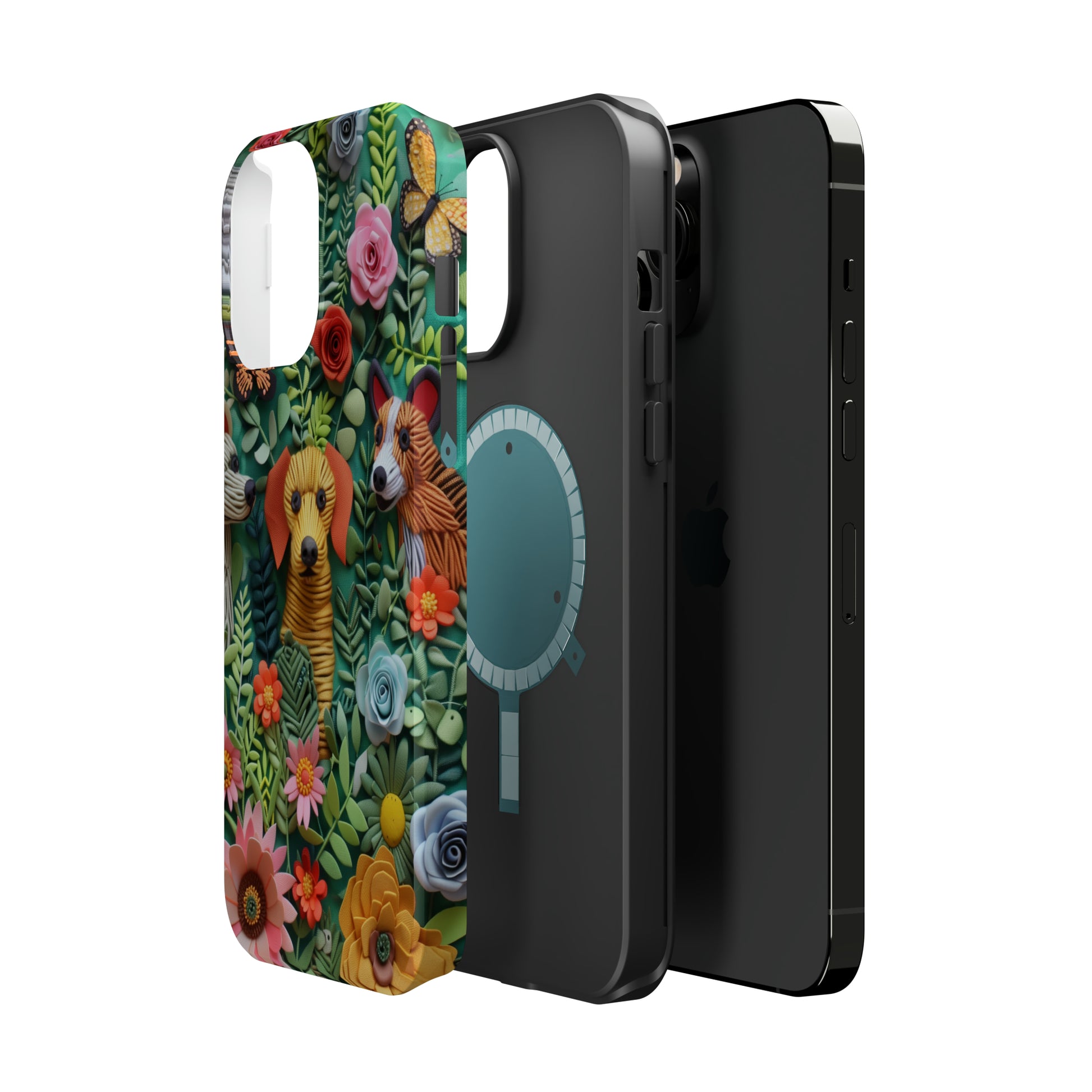 MagSafe Tough Case - Dogs and Flowers Embroidered Fabric 3D Design Dog iPhone Case - Pets on Merch