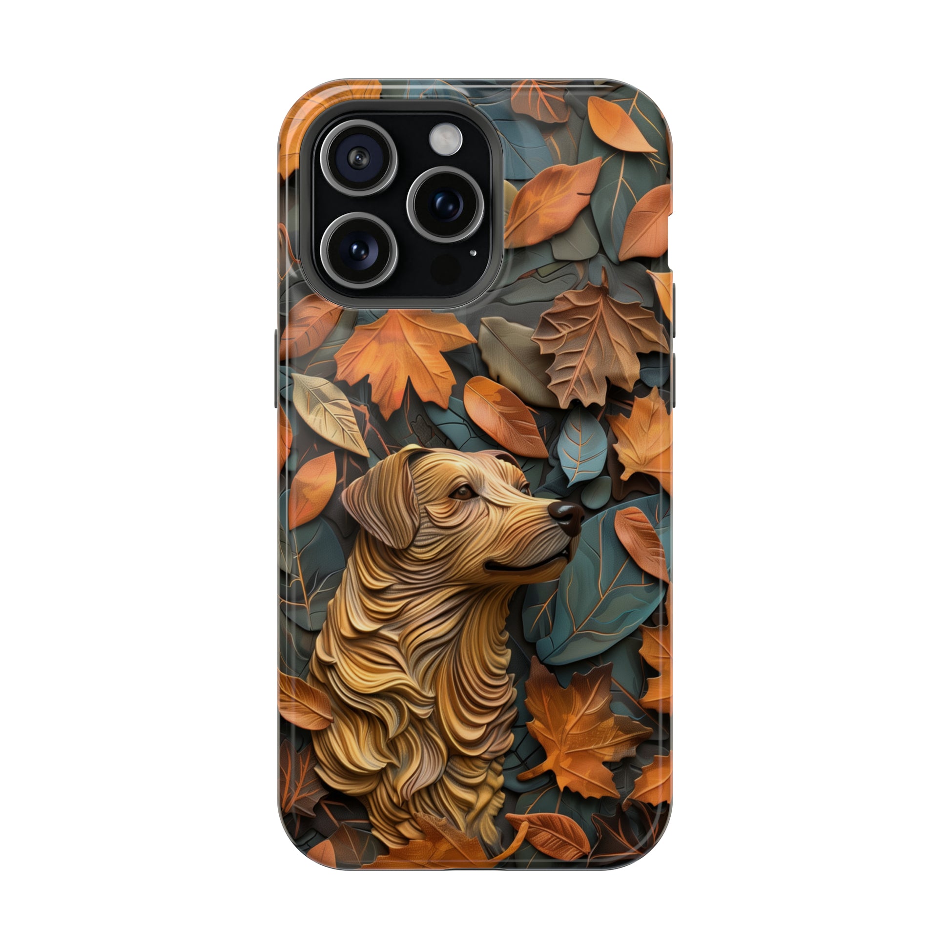 MagSafe Tough Case - Dog and Autumn Leaves Wood Carving Design Dog iPhone Case - Pets on Merch