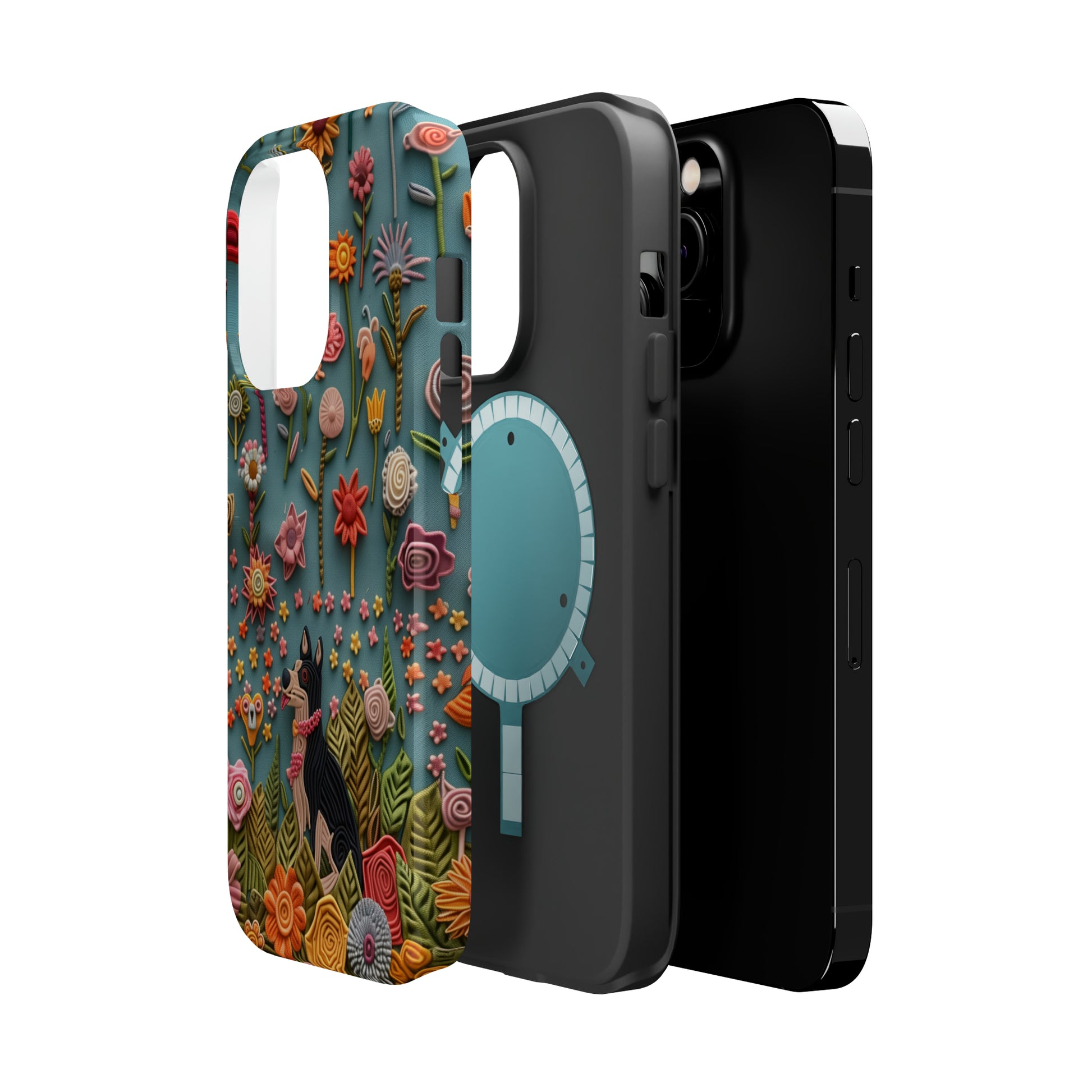 MagSafe Tough Case - Dog and Flowers 3D Embroidered Design Dog iPhone Case - Pets on Merch