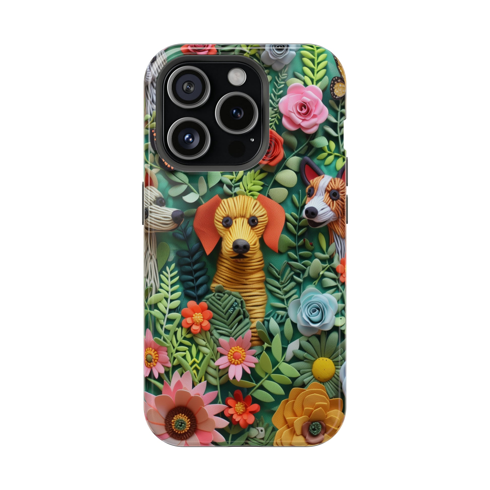 MagSafe Tough Case - Dogs and Flowers Embroidered Fabric 3D Design Dog iPhone Case - Pets on Merch
