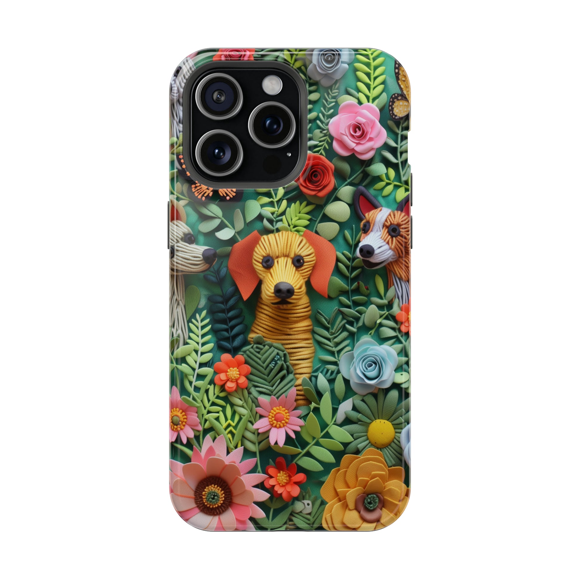 MagSafe Tough Case - Dogs and Flowers Embroidered Fabric 3D Design Dog iPhone Case - Pets on Merch