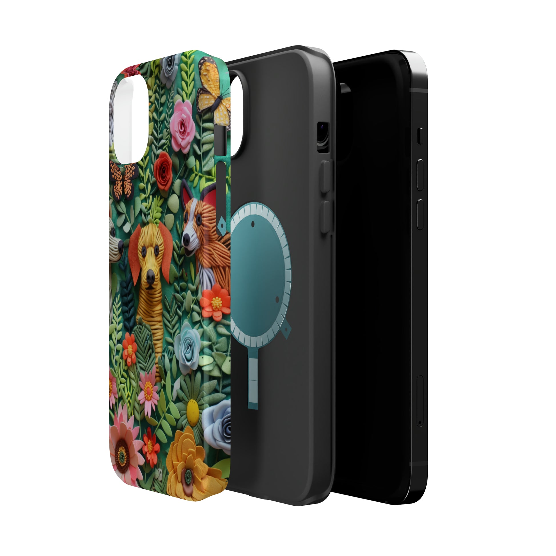 MagSafe Tough Case - Dogs and Flowers Embroidered Fabric 3D Design Dog iPhone Case - Pets on Merch