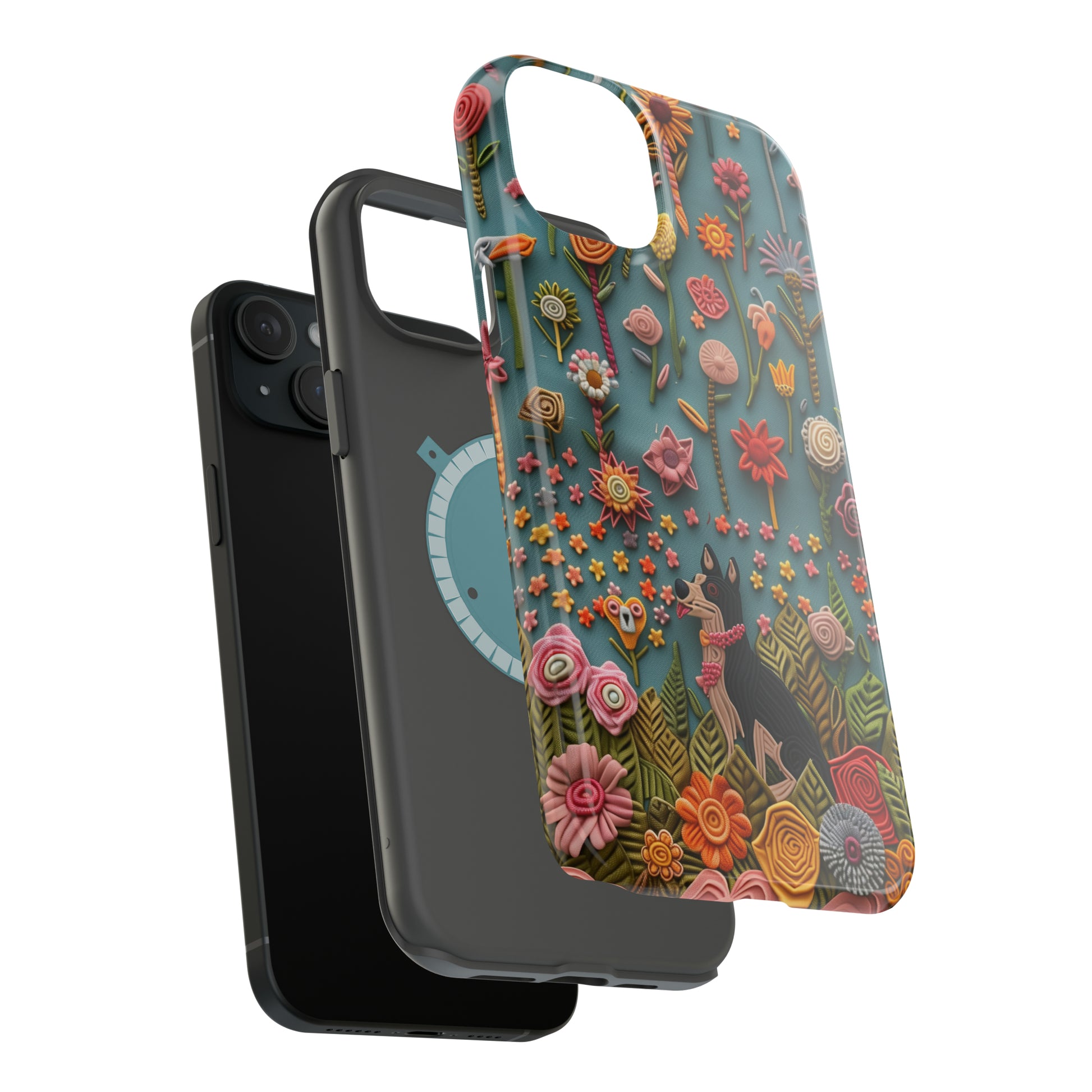 MagSafe Tough Case - Dog and Flowers 3D Embroidered Design Dog iPhone Case - Pets on Merch