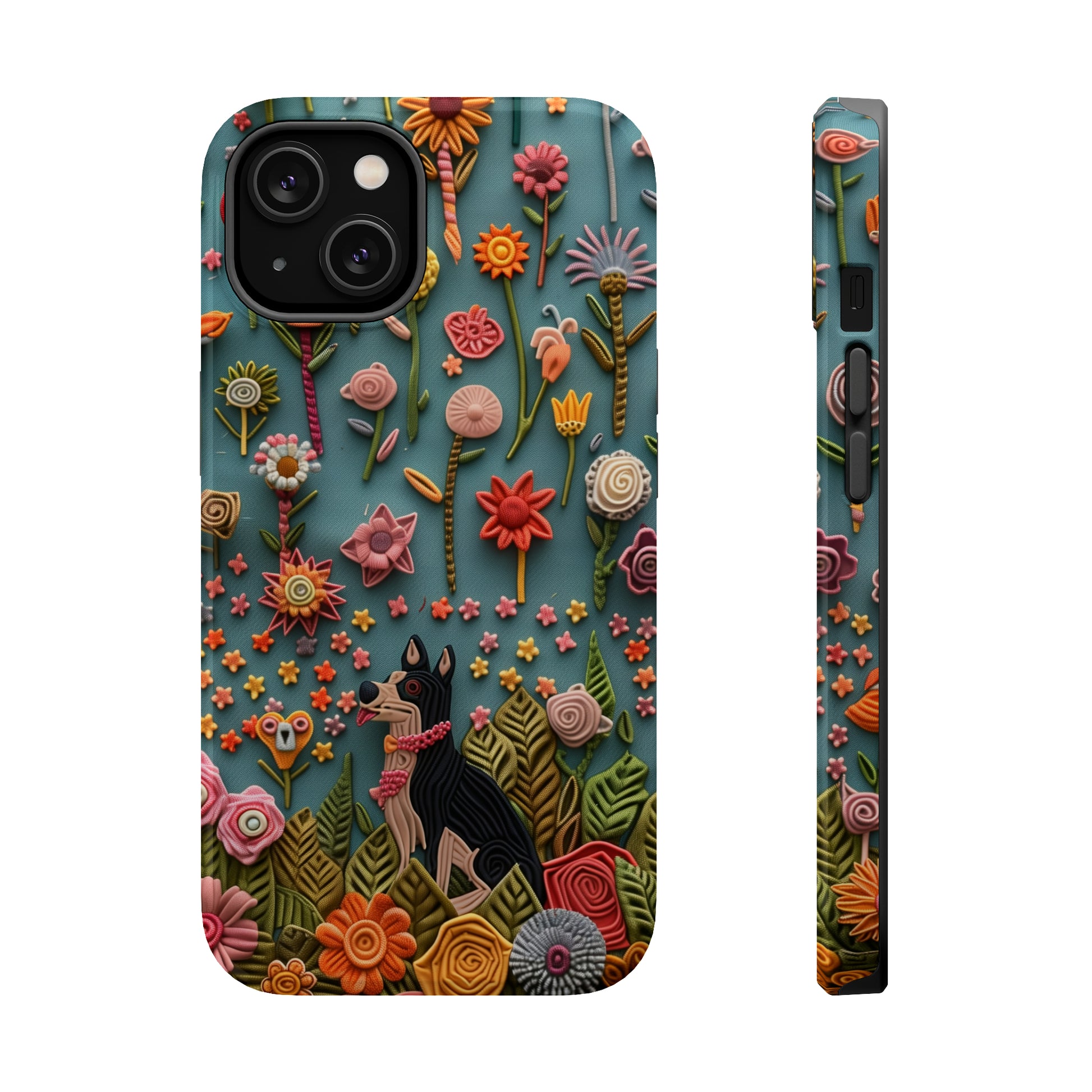 MagSafe Tough Case - Dog and Flowers 3D Embroidered Design Dog iPhone Case - Pets on Merch