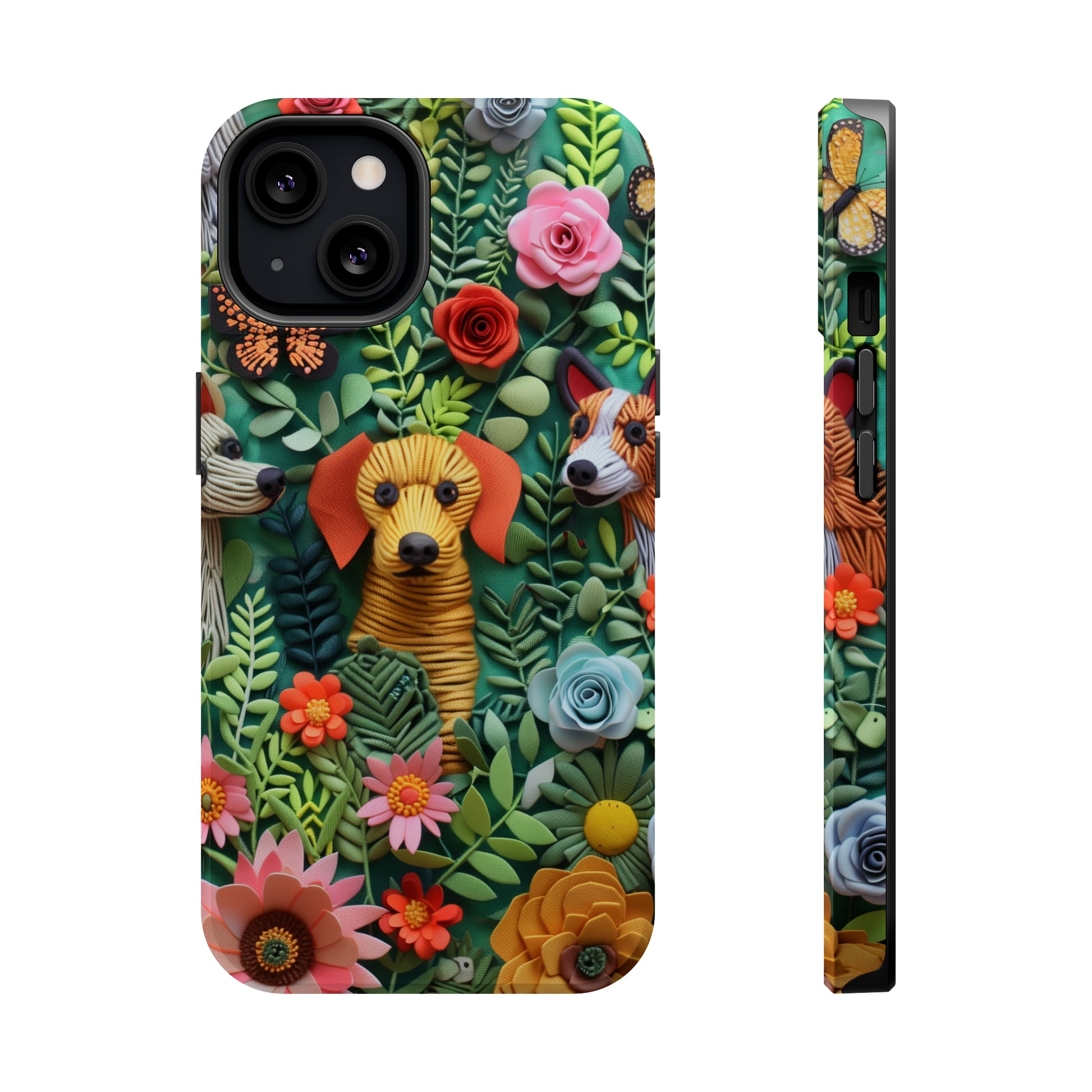 MagSafe Tough Case - Dogs and Flowers Embroidered Fabric 3D Design Dog iPhone Case - Pets on Merch