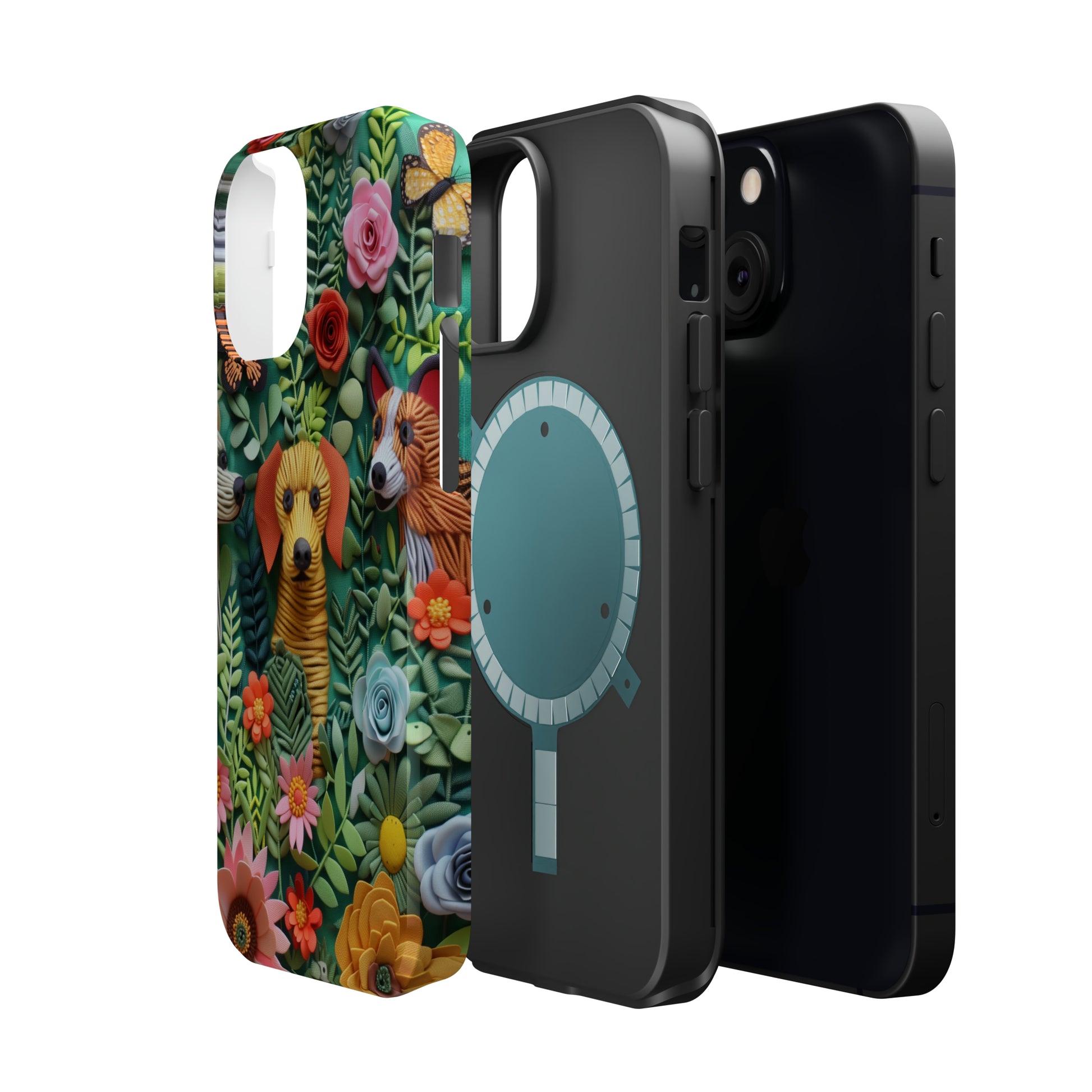 MagSafe Tough Case - Dogs and Flowers Embroidered Fabric 3D Design Dog iPhone Case - Pets on Merch