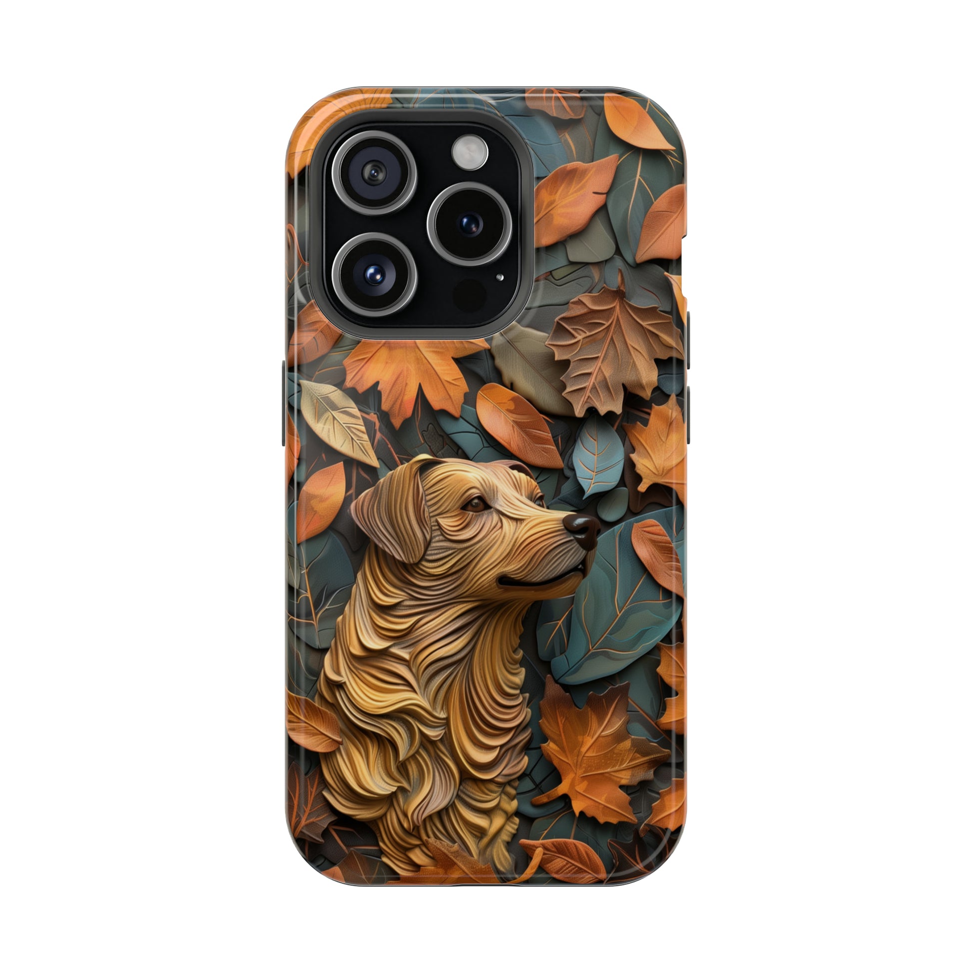 MagSafe Tough Case - Dog and Autumn Leaves Wood Carving Design Dog iPhone Case - Pets on Merch