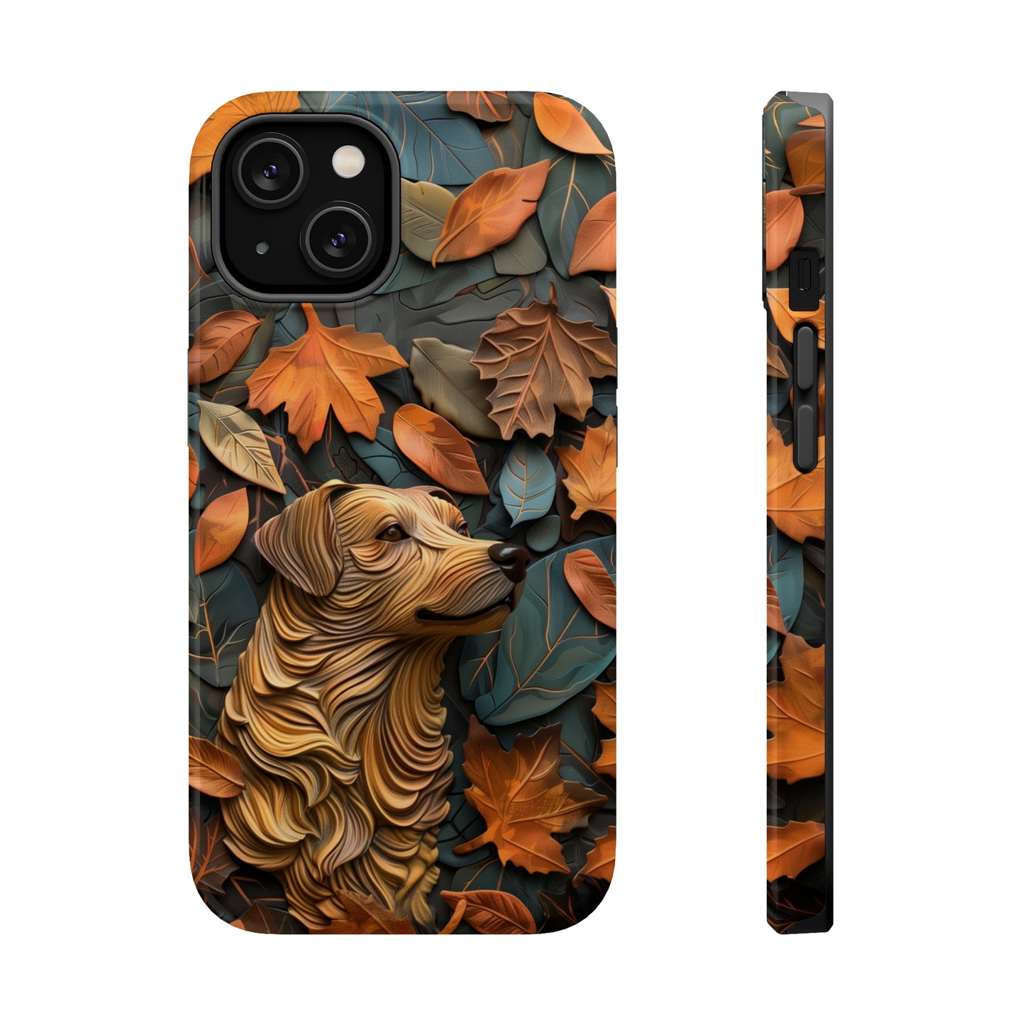 MagSafe Tough Case - Dog and Autumn Leaves Wood Carving Design Dog iPhone Case - Pets on Merch