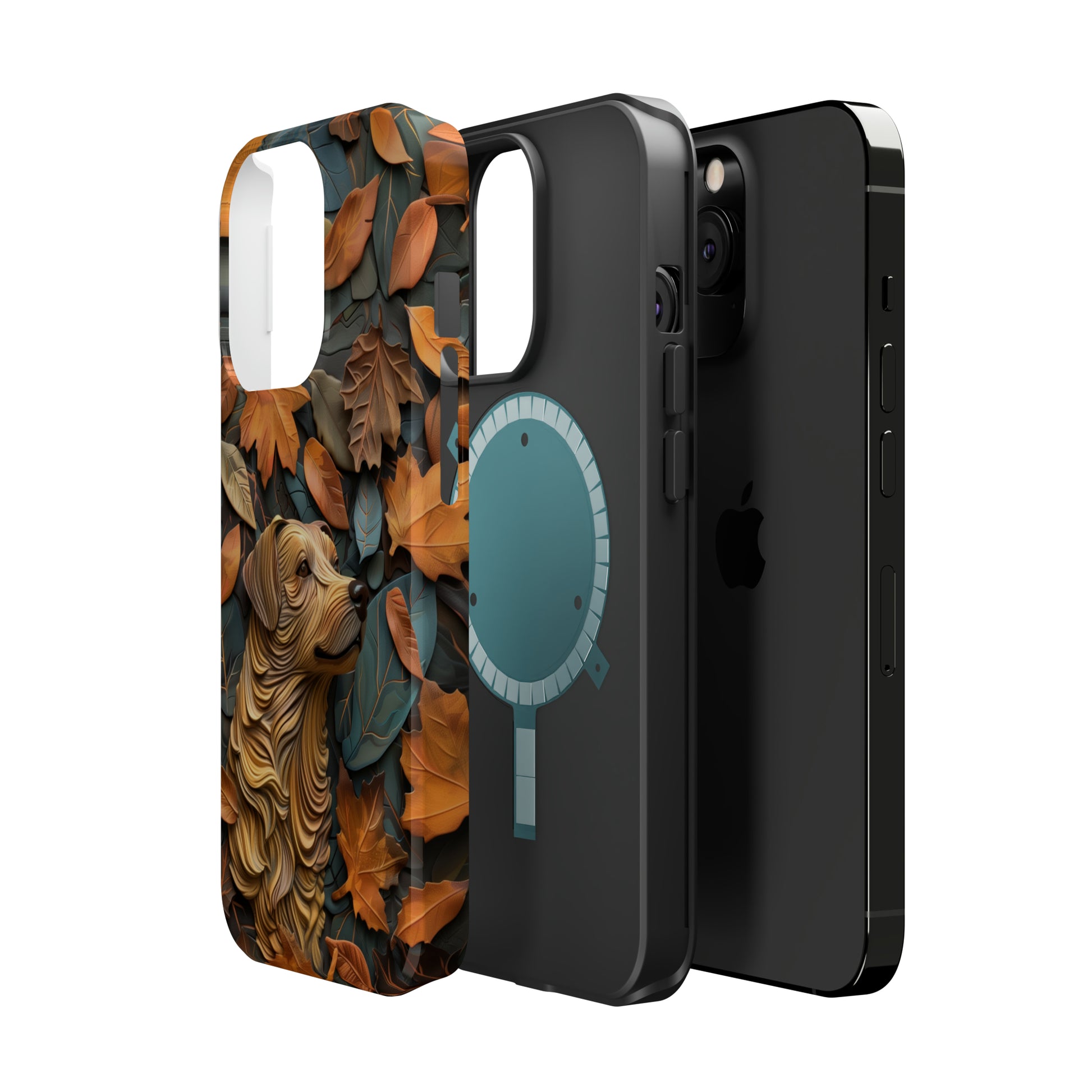 MagSafe Tough Case - Dog and Autumn Leaves Wood Carving Design Dog iPhone Case - Pets on Merch
