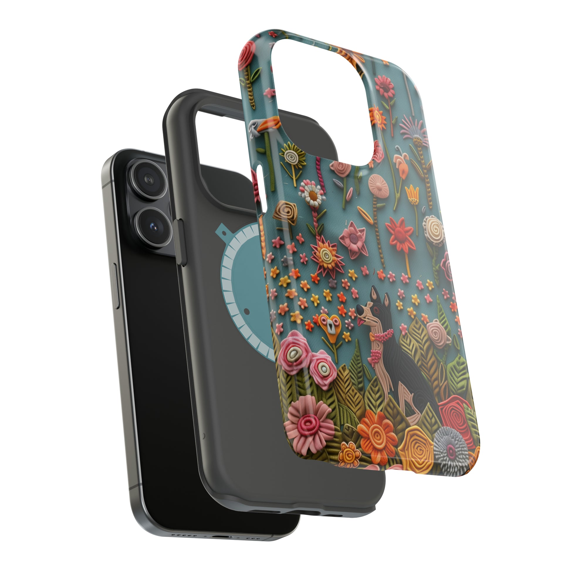 MagSafe Tough Case - Dog and Flowers 3D Embroidered Design Dog iPhone Case - Pets on Merch