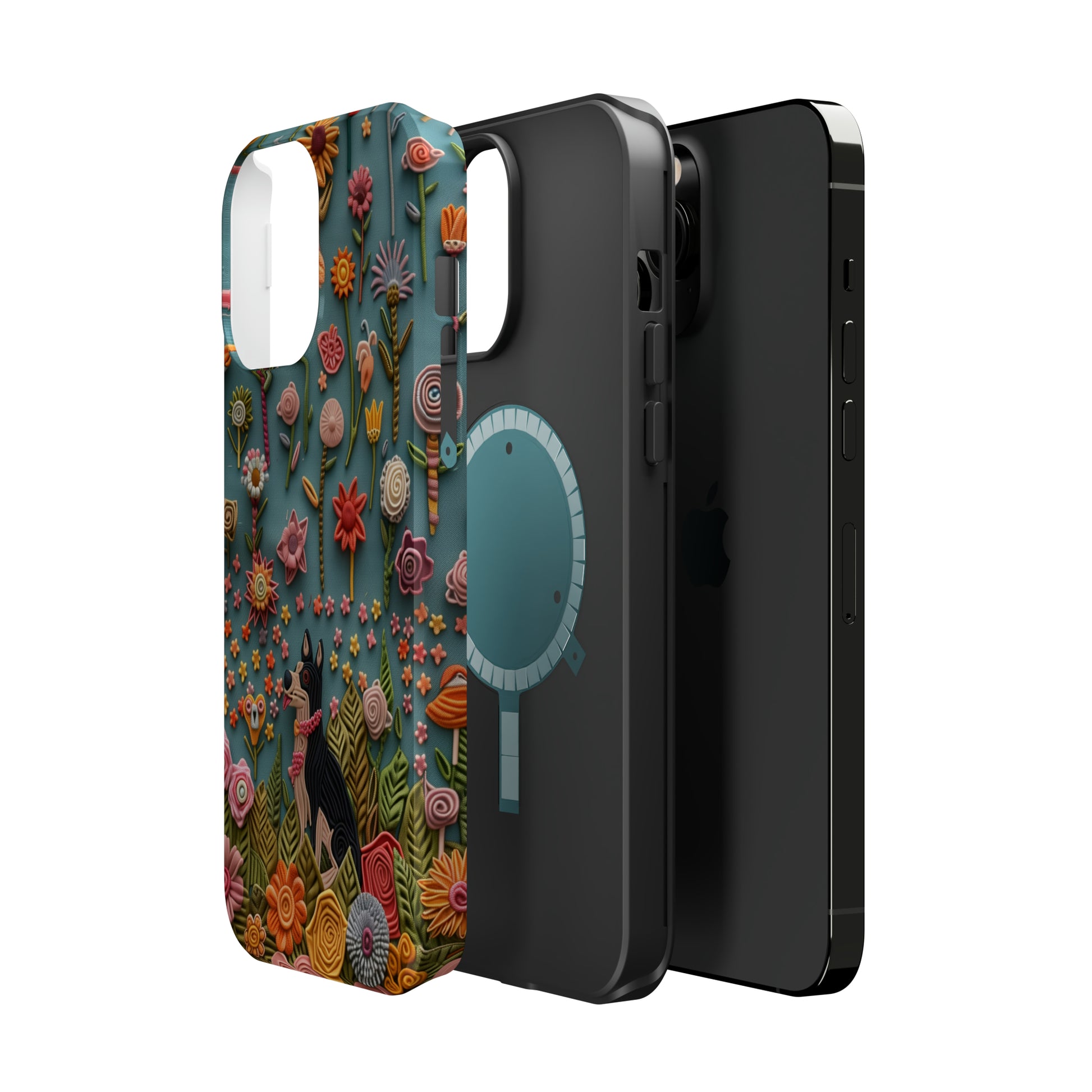 MagSafe Tough Case - Dog and Flowers 3D Embroidered Design Dog iPhone Case - Pets on Merch