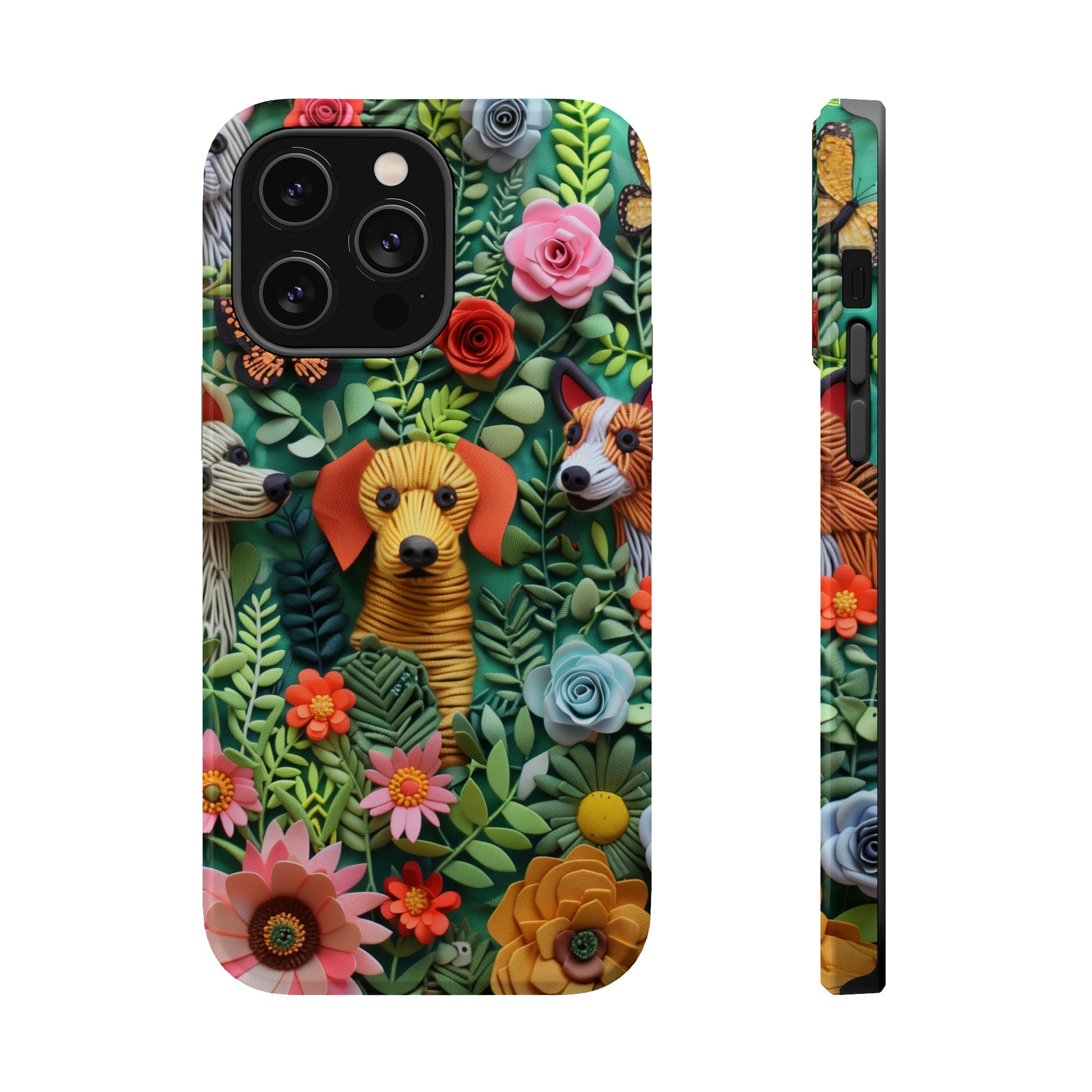 MagSafe Tough Case - Dogs and Flowers Embroidered Fabric 3D Design Dog iPhone Case - Pets on Merch