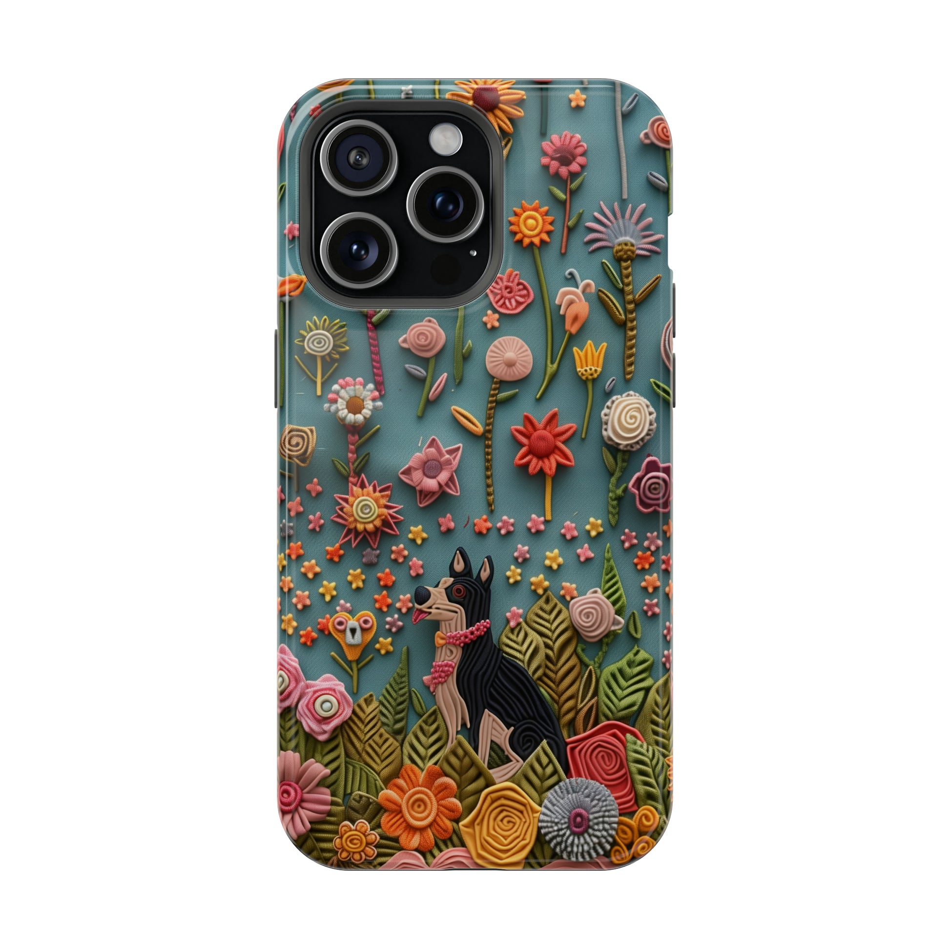 MagSafe Tough Case - Dog and Flowers 3D Embroidered Design Dog iPhone Case - Pets on Merch