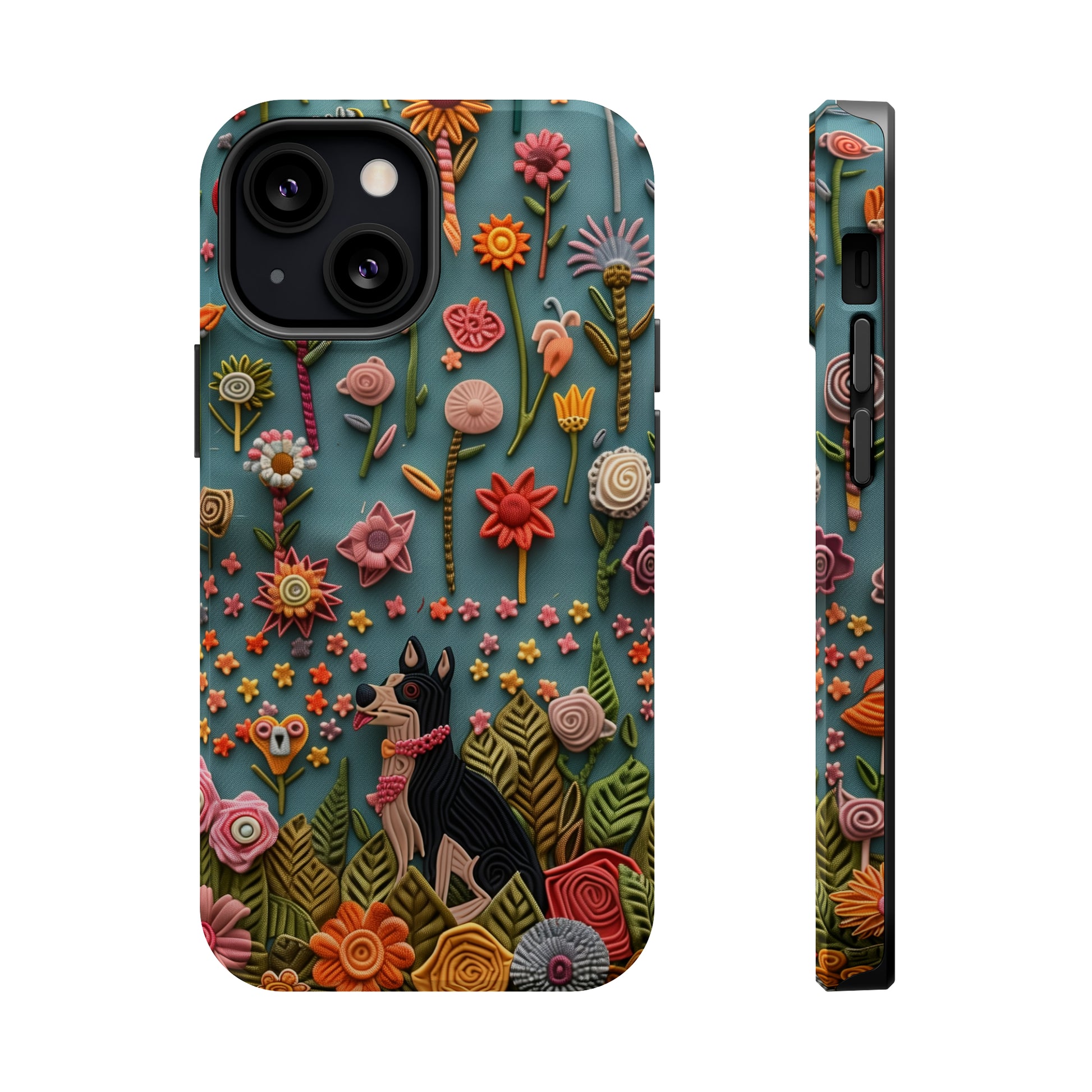 MagSafe Tough Case - Dog and Flowers 3D Embroidered Design Dog iPhone Case - Pets on Merch