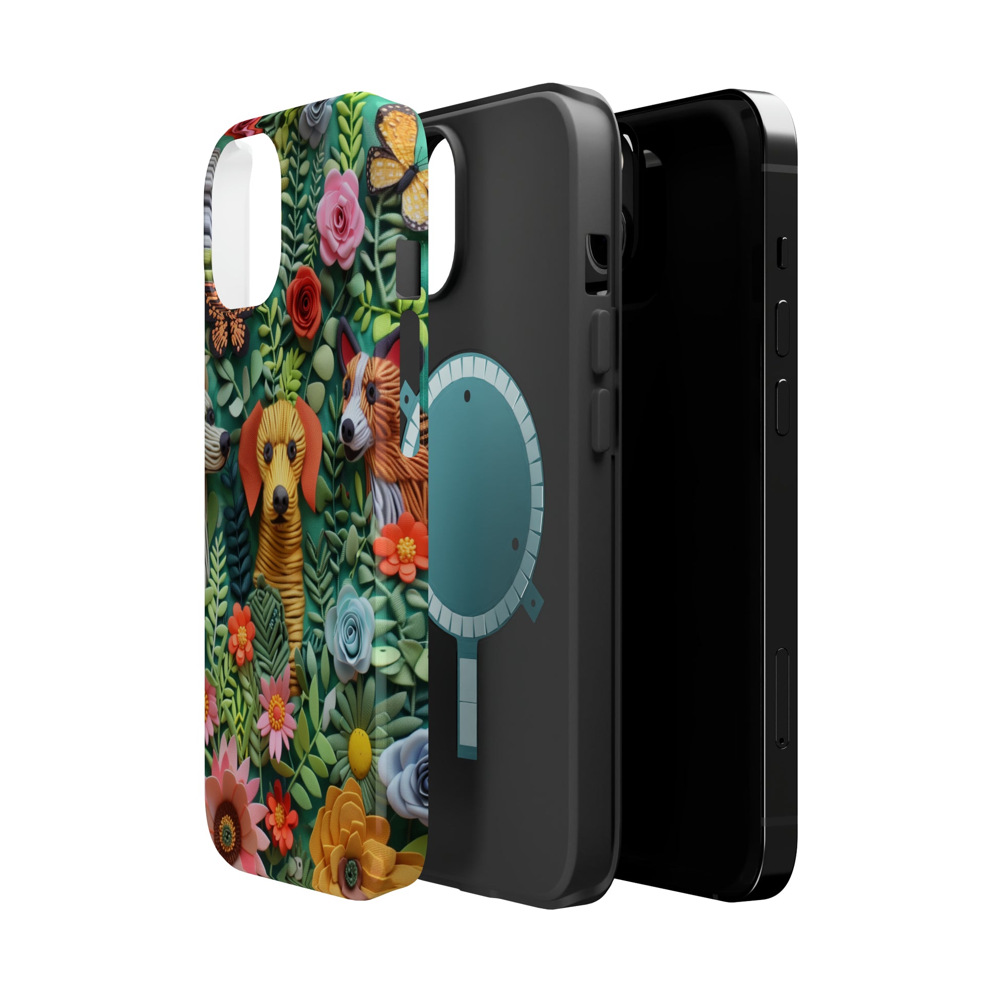 MagSafe Tough Case - Dogs and Flowers Embroidered Fabric 3D Design Dog iPhone Case - Pets on Merch