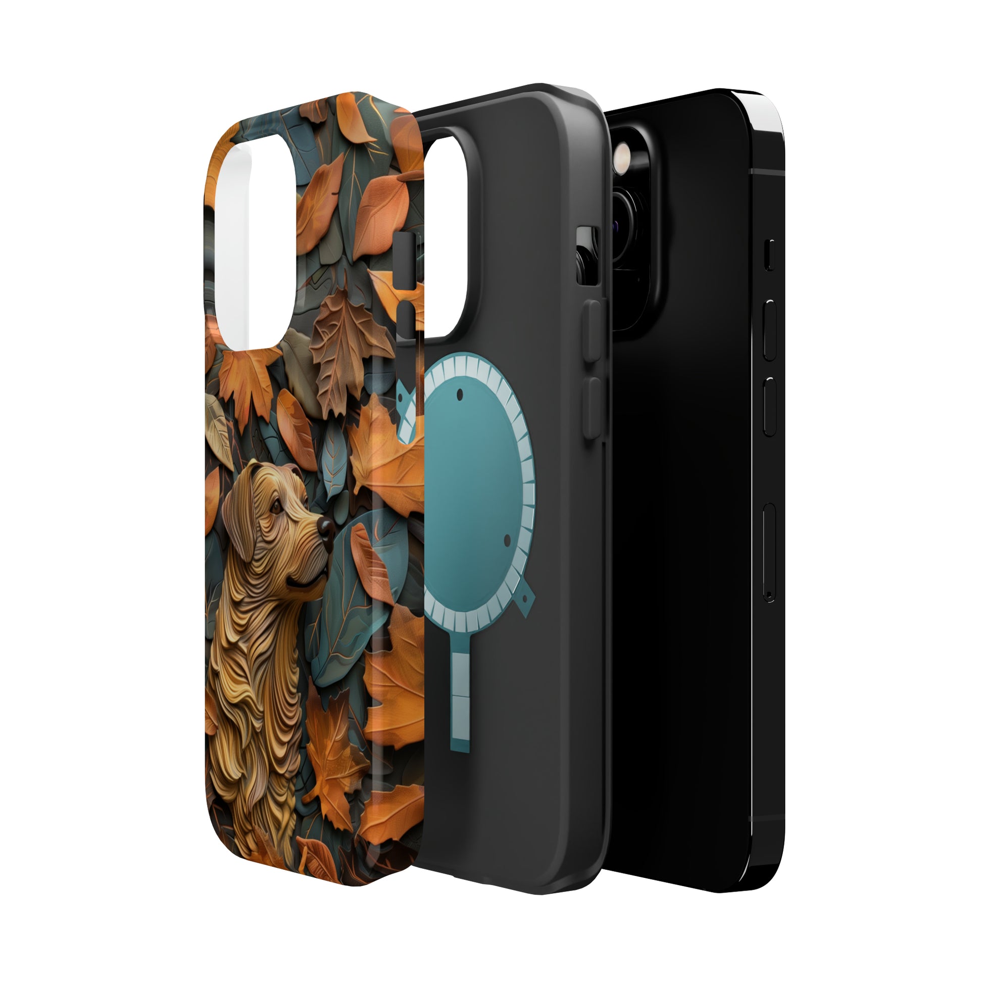 MagSafe Tough Case - Dog and Autumn Leaves Wood Carving Design Dog iPhone Case - Pets on Merch