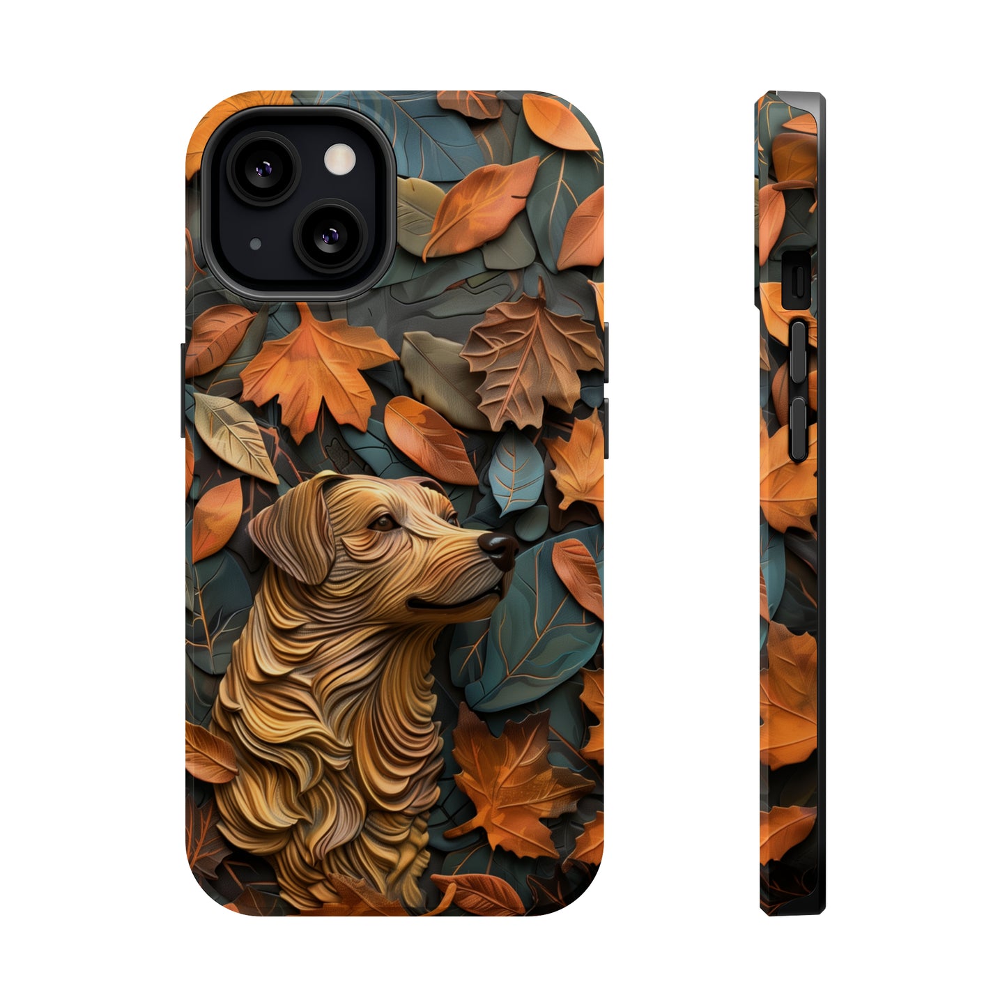 MagSafe Tough Case - Dog and Autumn Leaves Wood Carving Design Dog iPhone Case - Pets on Merch