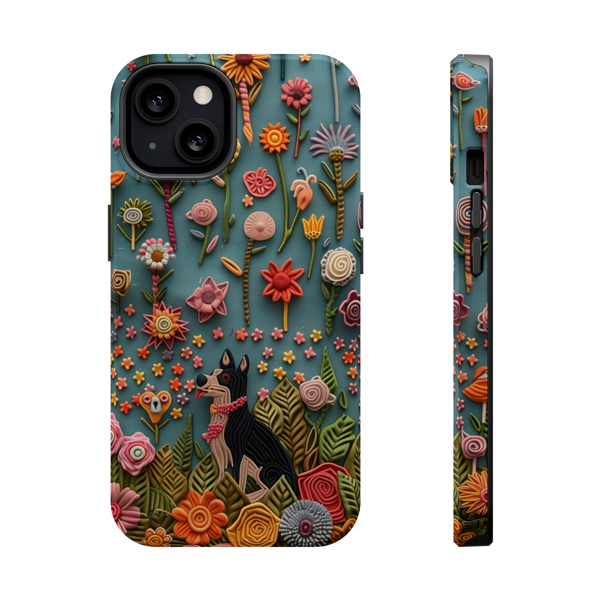 MagSafe Tough Case - Dog and Flowers 3D Embroidered Design Dog iPhone Case - Pets on Merch